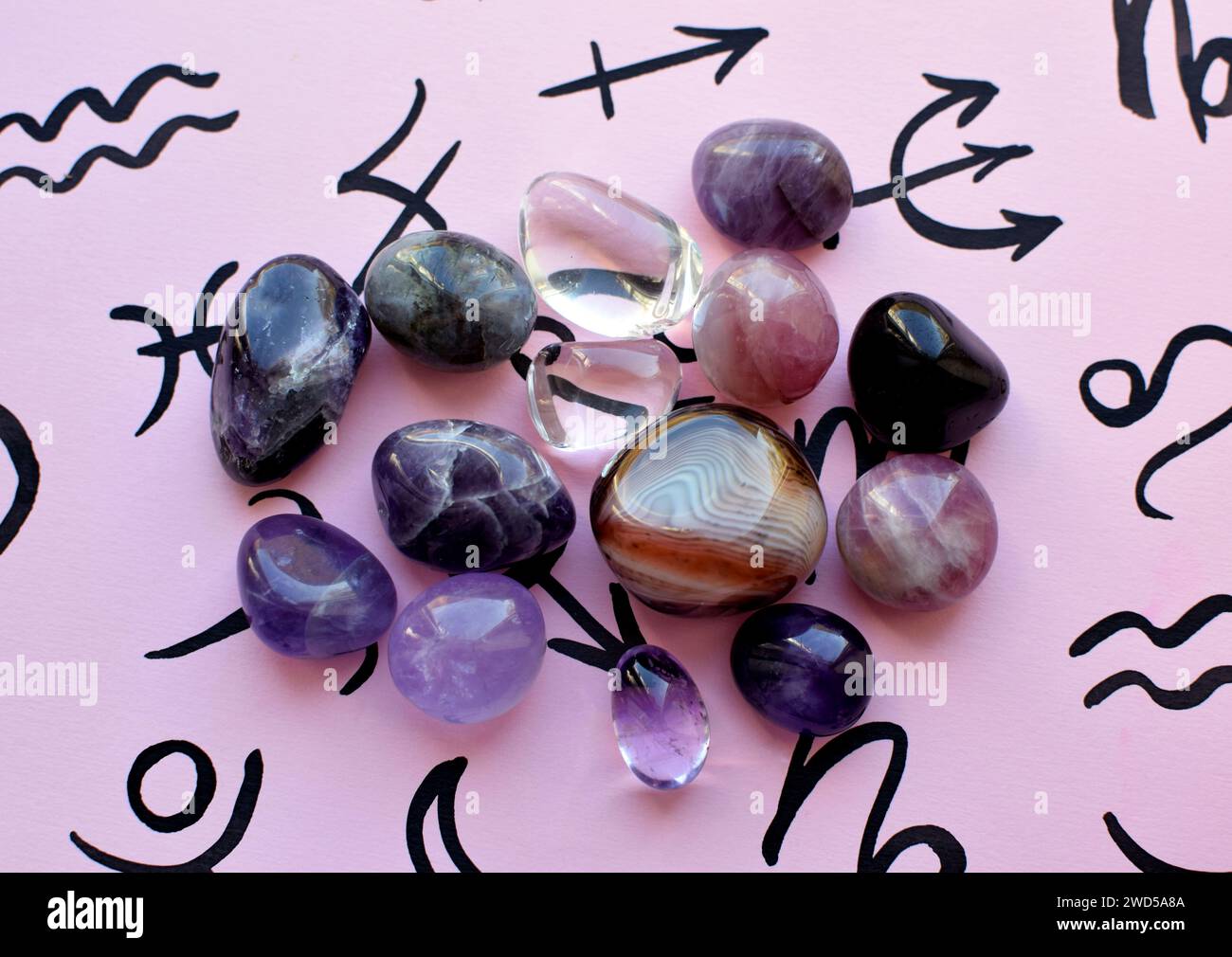 Wunderschöne Amethyst- und Rosenquarzkristalle auf rosa Hintergrund mit Symbolen der Tierkreiszeichen. Stockfoto