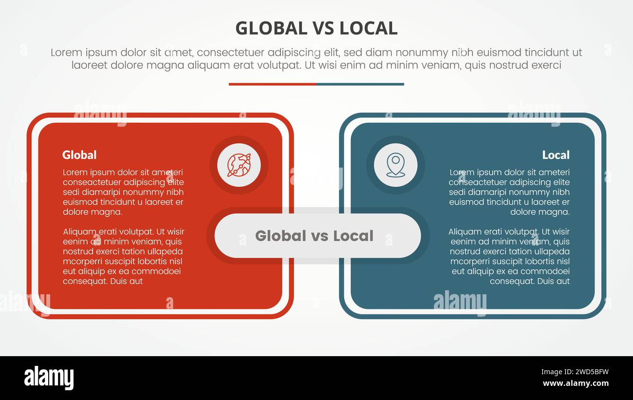 Globales vs. Lokales vs. Vergleich gegensätzliches Infografikkonzept für Folienpräsentation mit großem Rahmentabellenkontur in flacher Form Stockfoto