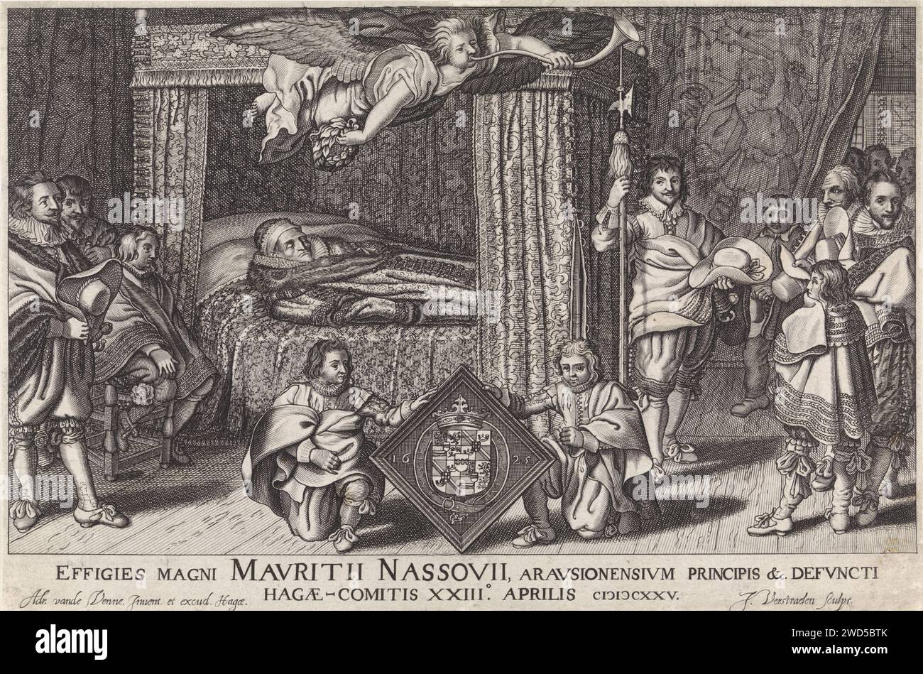 Paradebett von Prinz Maurits, 1625, Jan Hendriksz. Verstraelen, nach Adriaen Pietersz van de Venne, 1625 Druck Paradebett von Prinz Maurits, starb am 23. April 1625. Der Prinz befindet sich auf dem Bett in einem Tabbest. In der Luft weht der Ruhm auf eine Trompete. Um das Bett herum Familie und Freunde, im Vordergrund zwei Jungen mit der Rüstung des Prinzen. Der Haager Papierstich liegt im Bundesstaat Haag Stockfoto