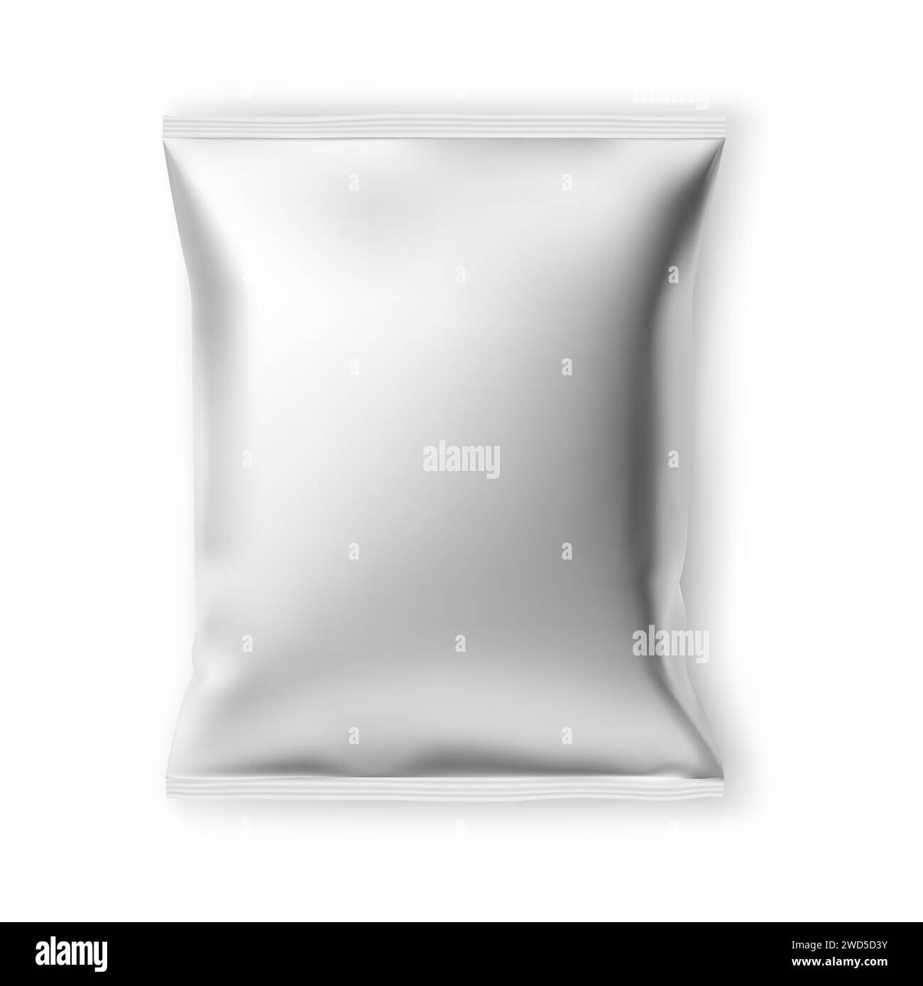Modell für Folienverpackungen mit Kartoffelchips. Chip-Snack-Beutel-Design, isoliert auf weißem Hintergrund. Elegante silberne Beutelschablone für leckere appetitliche Scheiben, Stock Vektor