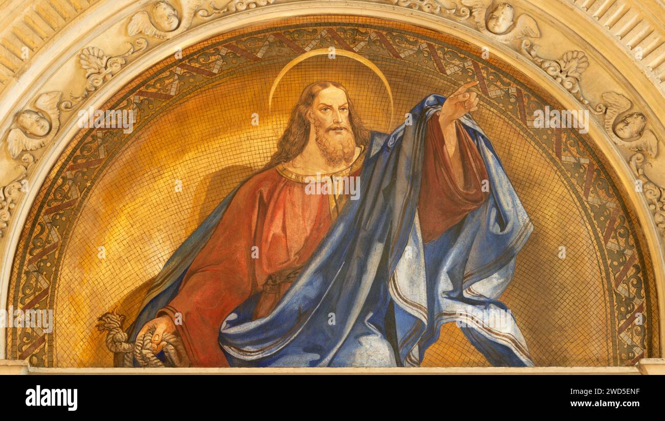 VICENZA, ITALIEN - 6. NOVEMBER 2023: Das Fresko des Apostels mit dem Seil in der Kirche Chiesa di San Giacomo Maggiore von einem unbekannten Künstler aus dem 19. Cent. Stockfoto