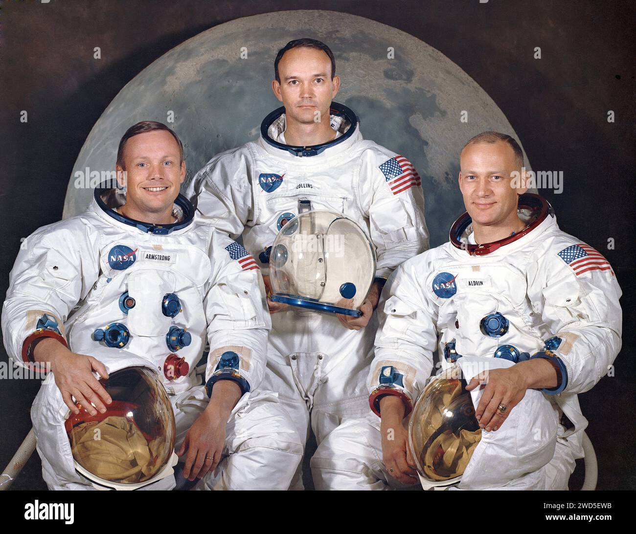 Offizielles Crew-Porträt der Apollo 11-Astronauten, (l-r) Neil A. Armstrong, Kommandant; Michael Collins, Modulpilot; Edwin E. „Buzz“ Aldrin, Pilot des Mondmoduls, NASA, 30. März 1969 Stockfoto