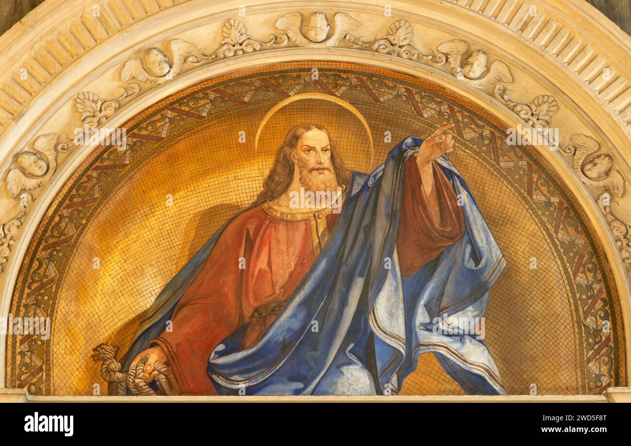 VICENZA, ITALIEN - 6. NOVEMBER 2023: Das Fresko des Apostels mit dem Seil in der Kirche Chiesa di San Giacomo Maggiore von einem unbekannten Künstler aus dem 19. Cent. Stockfoto