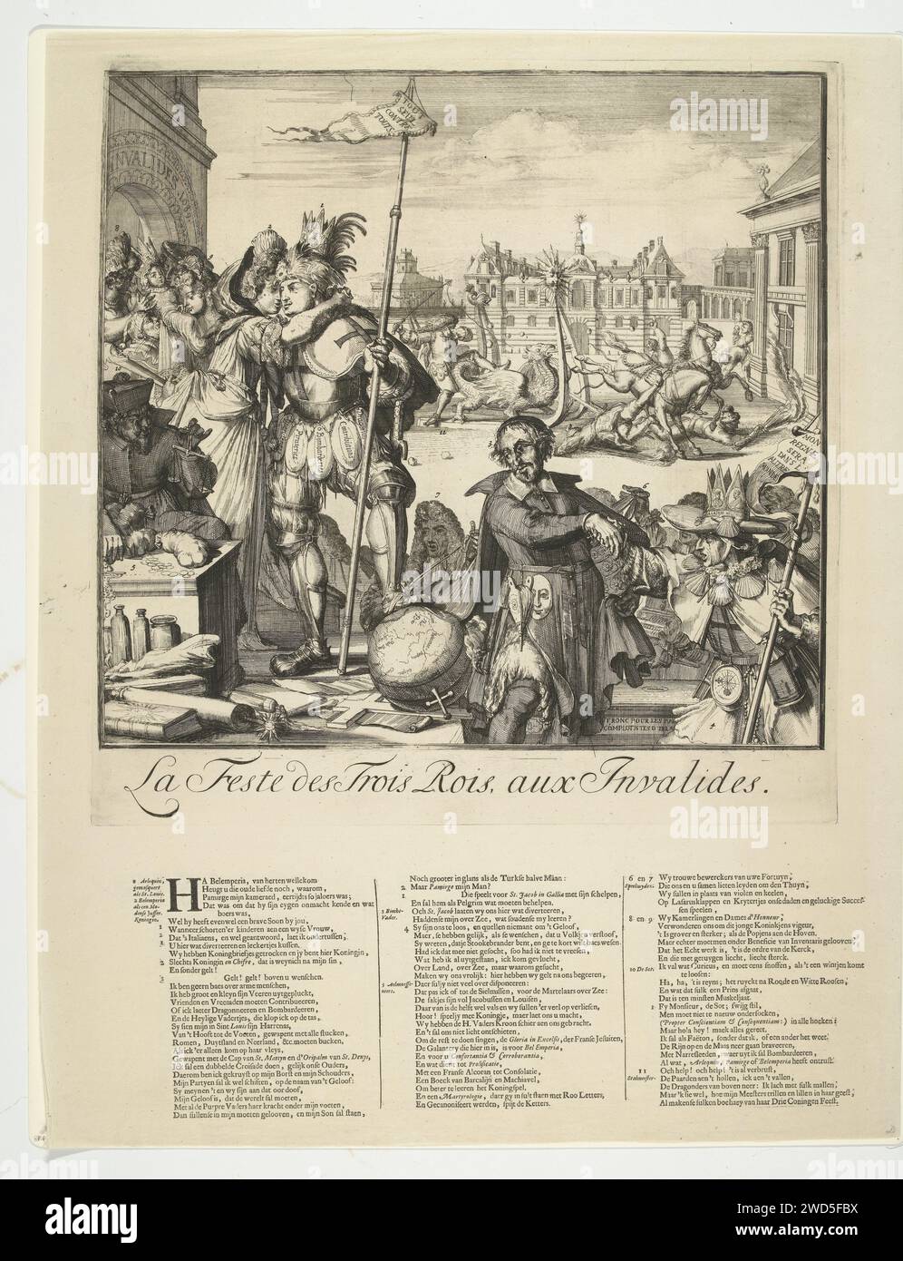 Cartoon auf dem Flug von Jacobus II nach Franrkijk, 1689, Romeyn de Hooghe (zugeschrieben), nach Romeyn de Hooghe, 1689 Print Cartoon auf dem Flug von Jacobus II nach Frankreich und seine Ankunft dort auf Epiphany (6. Januar) 1689. König Ludwig XIV. Umarmt Maria van Modena, die mit dem armen Kind angekommen ist. Vor rechts König Jakobus II. In Kleidung mit Jacobsschelpen verziert. In der Mitte der Jesuitenvater Peters (Edward Petre) mit einer päpstlichen Krone unter seinem Mantel. Im Hintergrund fällt der Dauphin von einem von Pferden gezogenen Schlitten. Unter dem zeigen Sie einen Vers in 3 Spalten mit einer Aussage der Figur Stockfoto