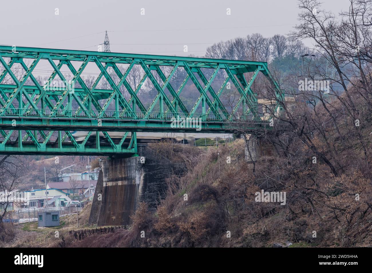 Zwei grüne Eisenbahnbrücken am Ufer eines Flusses mit Häusern im Hintergrund unter der Brücke und ein Zug, der über die ferne Brücke im Süden fährt Stockfoto