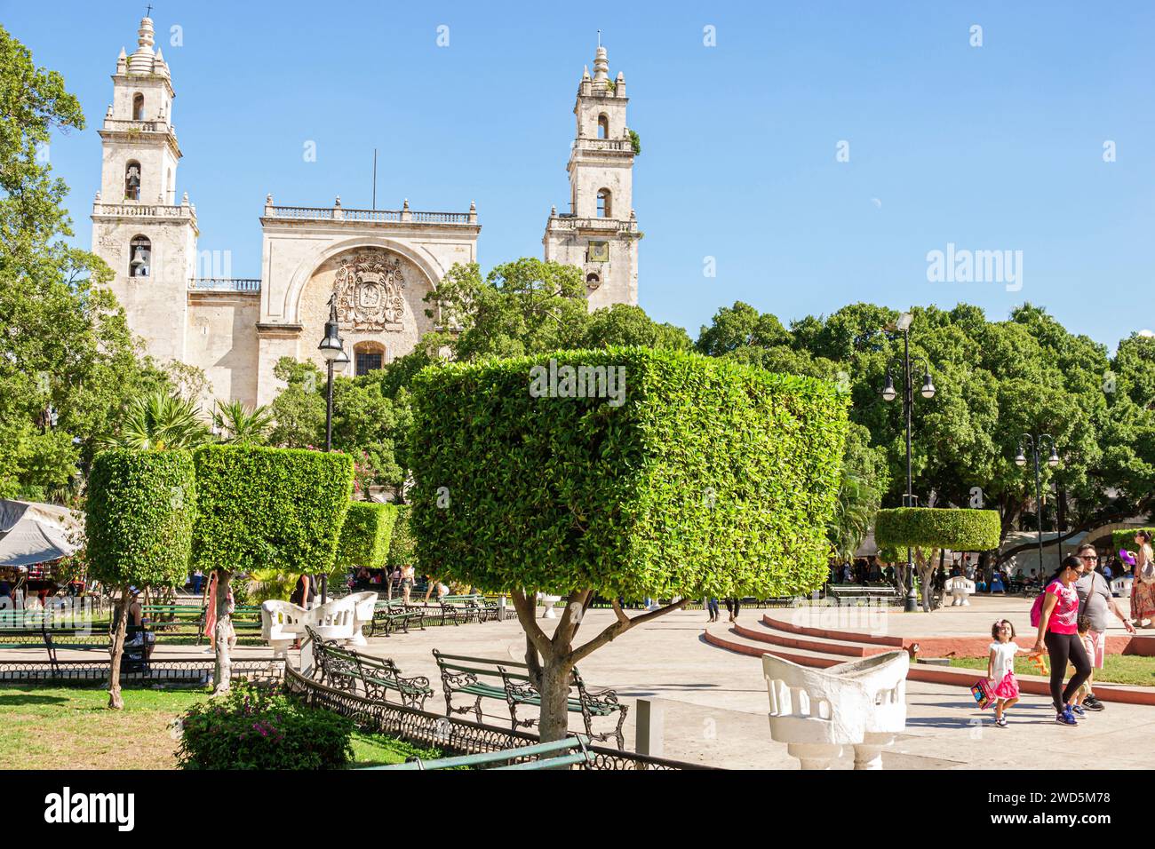 Merida Mexico, zentrales historisches Zentrum, öffentlicher Park Plaza Grande, Kathedrale von Merida San Ildefonso, Außenfassade, Gebäude Stockfoto