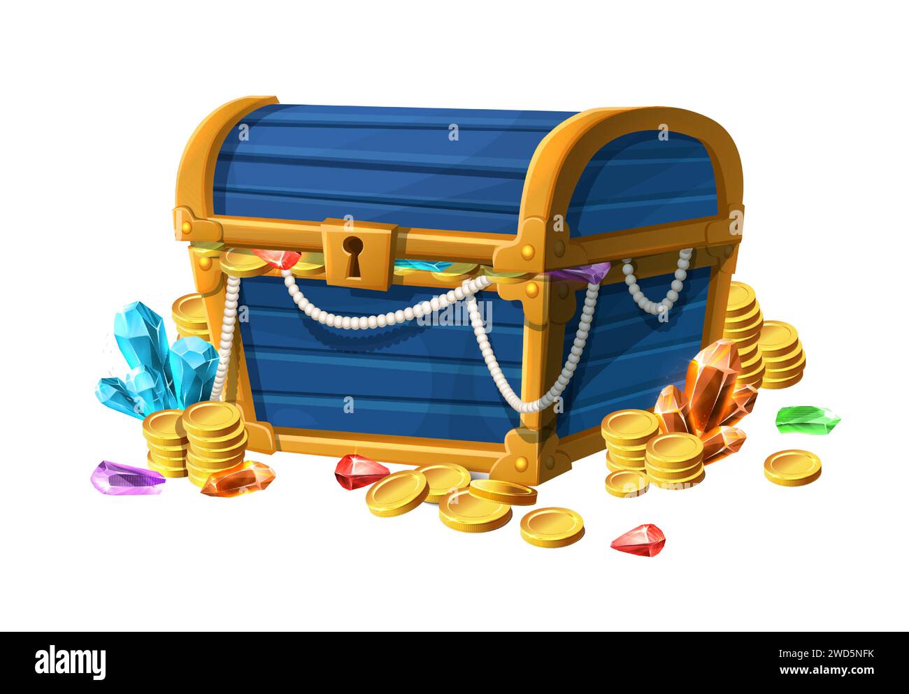 Illustration eines Zeichentrickstils. Piratenschatzkiste mit Goldmünzen und Edelsteinen offen. Stock Vektor
