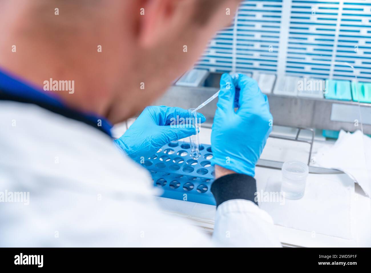 Arzt verwendet Pipette in einem Krankenhauslabor zur Analyse von Proben Stockfoto