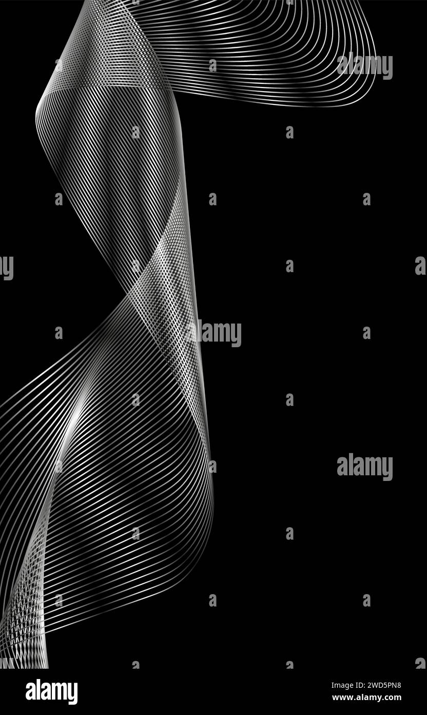 Silberner Farbverlauf auf schwarzem Hintergrund. Dunkle abstrakte Schablone mit leuchtender Welle. Designelement für glänzende bewegliche Linien. Moderner Platinfluss Stock Vektor