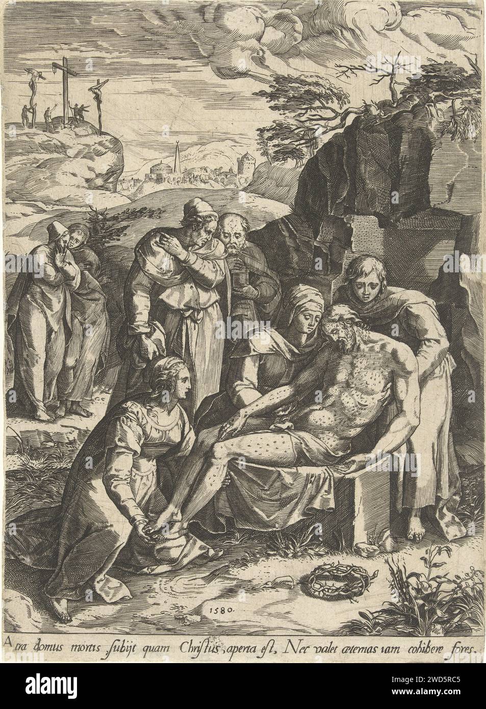 Graflegging van Christus, anonym, nach Cornelis Cort, nach Giulio Clovio, 1580 Druck vor der Öffnung in einem Felsen liegt der Körper Christi auf einem Stein, unterstützt von Maria und Johannes. Maria Magdalena kniet zu seinen Füßen. Joseph von Arimatea und Nikodemus sind etwas hinter ihnen. Im Hintergrund eine hügelige Landschaft mit dem Berg Golgatha auf der linken Seite. Rom Papier mit Gravur Christi (möglicherweise von Engeln) Stockfoto