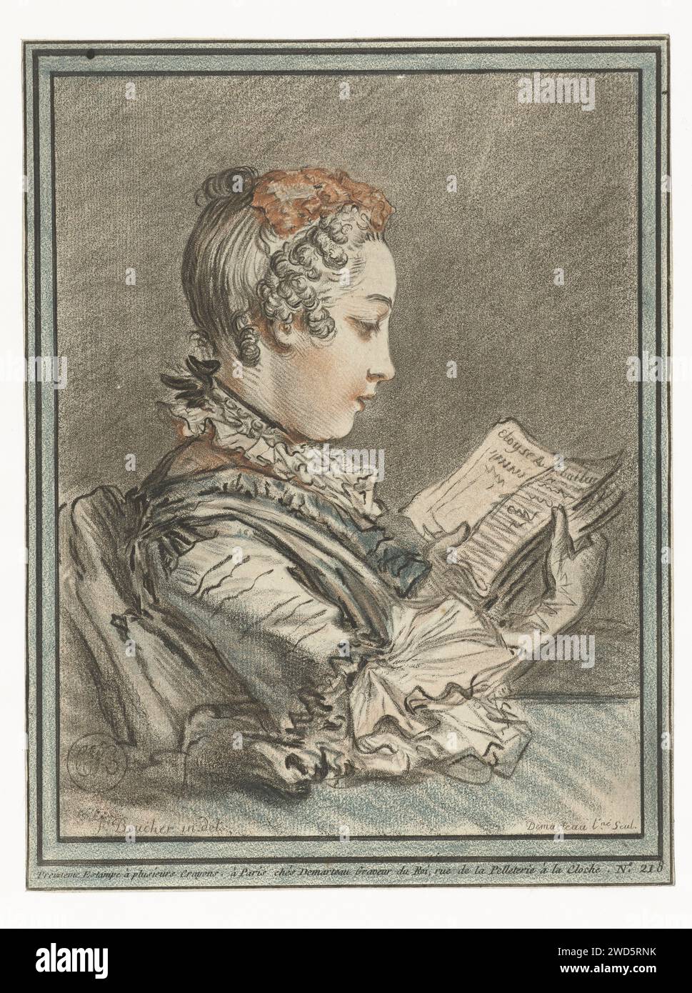 Leserin Gilles Demarteau, nachdem Francois Boucher, 1756–1776 Eine Frau drucken ließ, von der Seite gesehen, an einem Tisch sitzend und in den Briefen von Heloise an Abelard las. Druckerei: Franzepublisher: Paris Papier Erwachsene Frau (+ Seitenansicht, Profil). Messwert Stockfoto