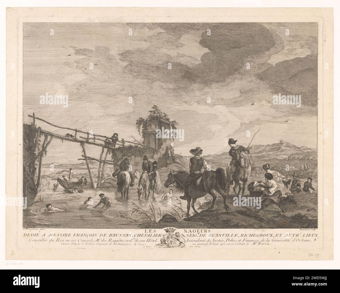 Flusslandschaft mit Schwimmern und Pferden, Pierre Francois Beaumont, nach Pouwels Joostensz. Wouwerman, nach Philips Wouwerman, nach Pieter Wouwerman, 1733 - 1769 Druckerei: Francepublisher: Paris Paper Etching River Bank - HH - ideale Landschaften. Schwimmen (Bewegung im Wasser). Waffenlager, Heraldik Stockfoto