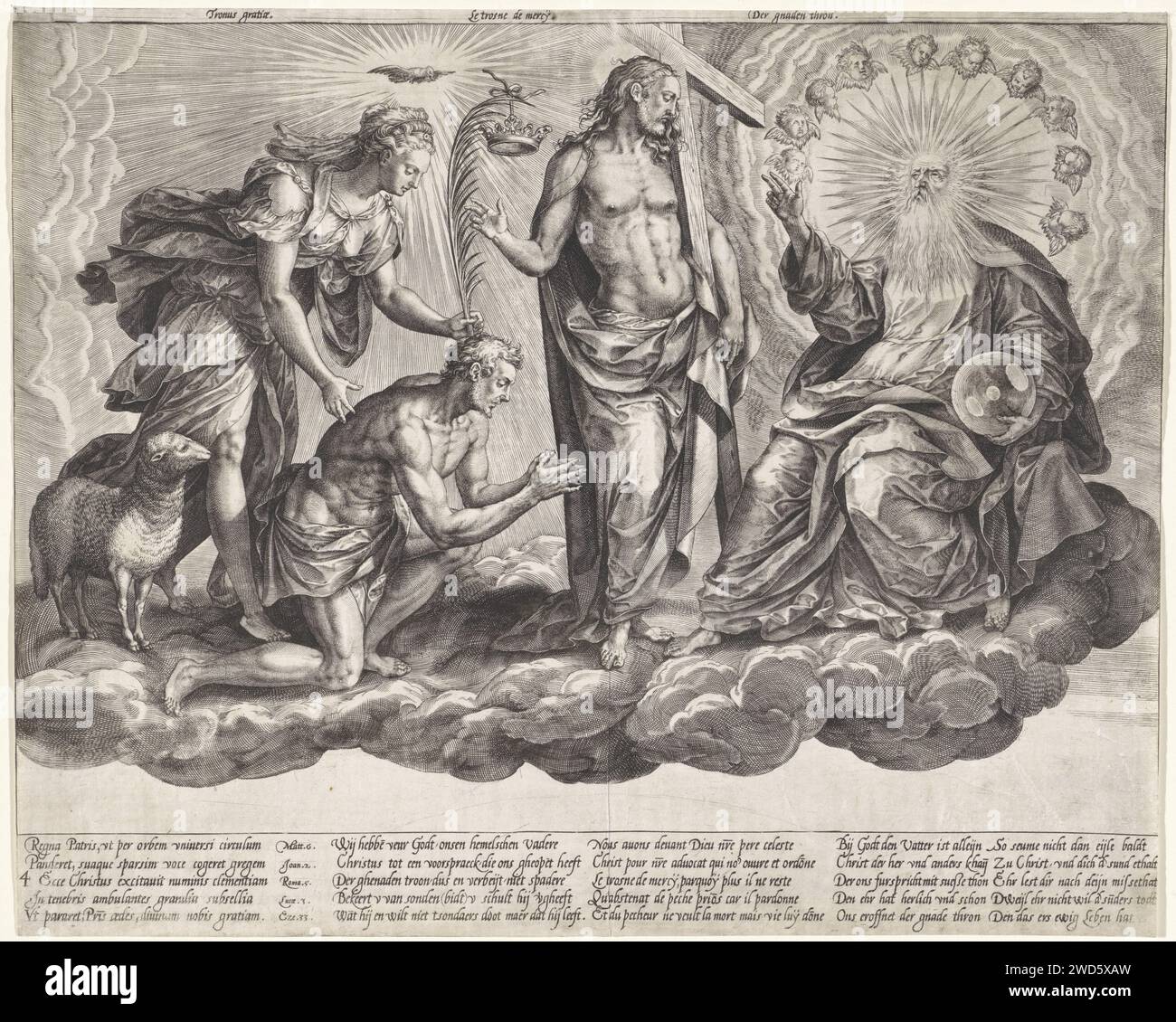 Genadetrean, Hieronymus Wierix, nach Ambrosius Francken (I), nach Willem van Haecht (I), 1578 Druck Ein Mann wird von der göttlichen Gnade (Gratia) für Gott geführt. Er kniet demütig. Das Gesicht Gottes, des Vaters, ist umgeben von Sonnenstrahlen und Cherubys. Zwischen ihnen, die fähig sind, Christus in der Rolle des Mittlers zu sein. Die Performance wird in den lateinischen, niederländischen, französischen und deutschen Unterschriften am Rande erläutert. Unten links nummeriert: 4. Antwerpener Papierstich des Menschen im allgemeinen biologischen Sinn (+ Variante). (Doktrin über) Göttliche Gnade; 'Gratia di Dio', 'Gratia divina' (Ripa). Heiliger Geist dargestellt als Taube (in FLAM Stockfoto