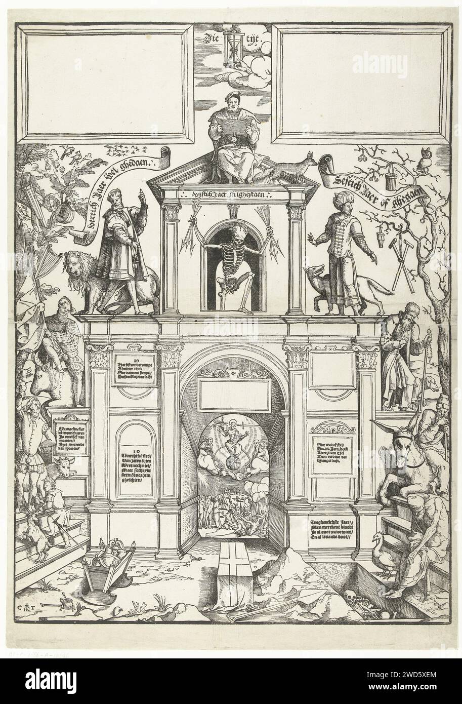 Die Treppe des Lebens, Cornelis Anthonisz., 1545 - 1553 drucken eine pedalförmige Struktur voller Menschen und Tiere. Links vorne steht ein Baby in einem Bett, rechts ein alter Mann mit Beinen, die über einem offenen Grab hängen. Das Baby beginnt ein „Alter“, das zehn Schritte von der Wiege bis zum Grab hat, zehn Lebensphasen. In jedem Alter kann man eine Bestie sehen, die diese Phase typisch macht: Der Junge von zehn Jahren hat eine zackige Ziege bei sich, die vierziger sind edel und Weise wie ein Löwe, die fünfziger Jahre schlau wie ein Fuchs und der achtzig-Jährige ist auf einem langsamen Esel. Auf der „jungen“ Seite der Treppe ist ein Baum voller Blätter, mit BI Stockfoto