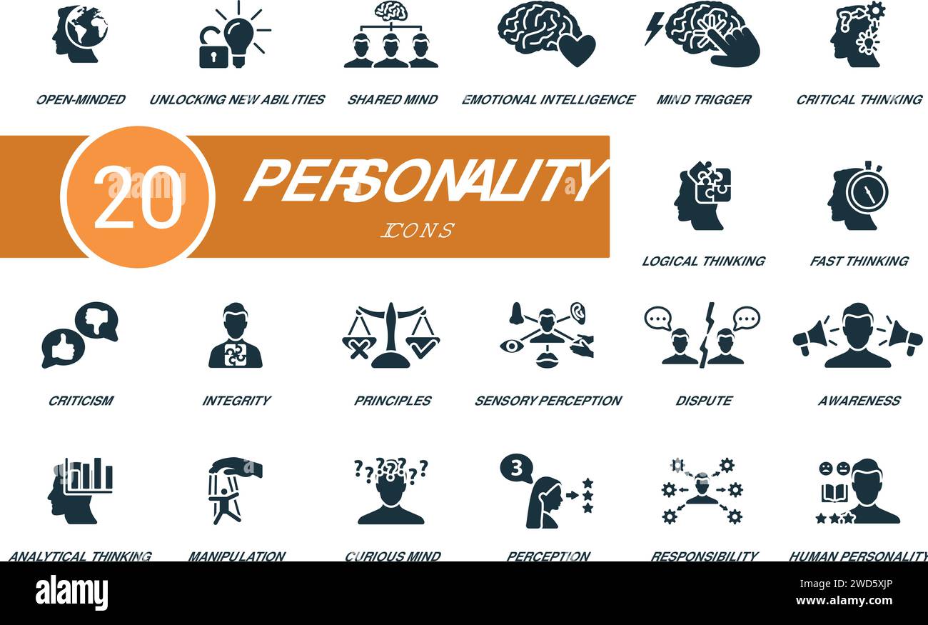 Persönlichkeitssymbole festgelegt. Kreative Ikonen: Aufgeschlossen, neue Fähigkeiten freischalten, geteilter Geist, emotionale Intelligenz, Gedankenauslöser, kritisches Denken und Stock Vektor