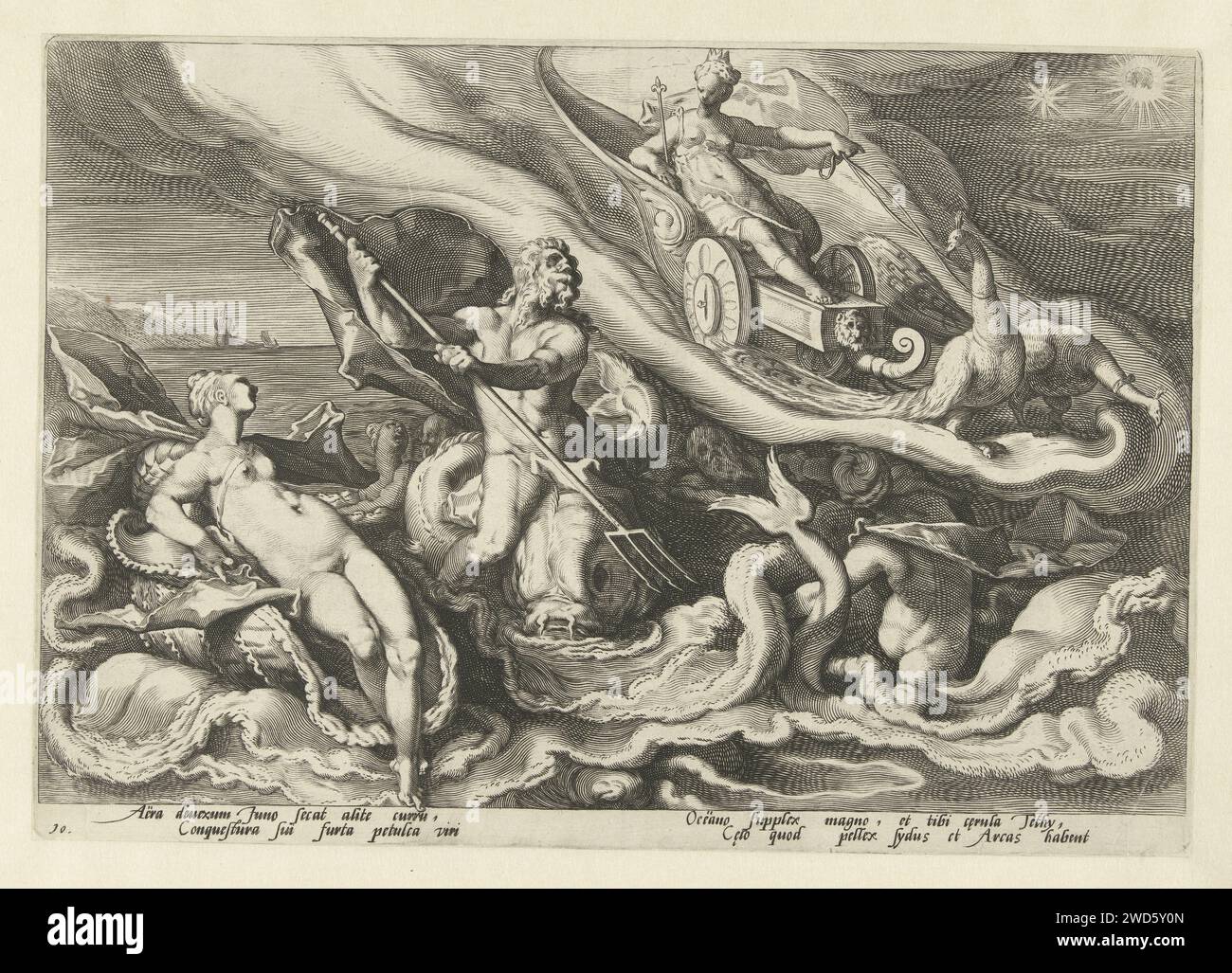 Juno beschwert sich mit Thetis und Oceanus, Hendrick Goltzius (Werkstatt von), nachdem Hendrick Goltzius, 1590 Druck Juno mit ihrem Auto ankommt, das von zwei Pfauen bei den Zeegehoden Thetis und Oceanus gezogen wurde, um sich über die ehrenvolle Behandlung zu beschweren, die Callisto und ihr Sohn Arcas von ihrem Mann Jupiter erhielten. Zwei Zeilen lateinischer Text unter der Aufführung. Dieser Druck ist Teil einer Serie von 52 Drucken, die Geschichten aus Ovids Metamorphosen darstellen. Diese Serie ist in drei nummerierte Serien unterteilt: Zwei von 20 Ausdrucken und einer von 12 Ausdrucken. Dieser Ausdruck gehört zur zweiten Serie. Haarlem Papiergravur Stockfoto