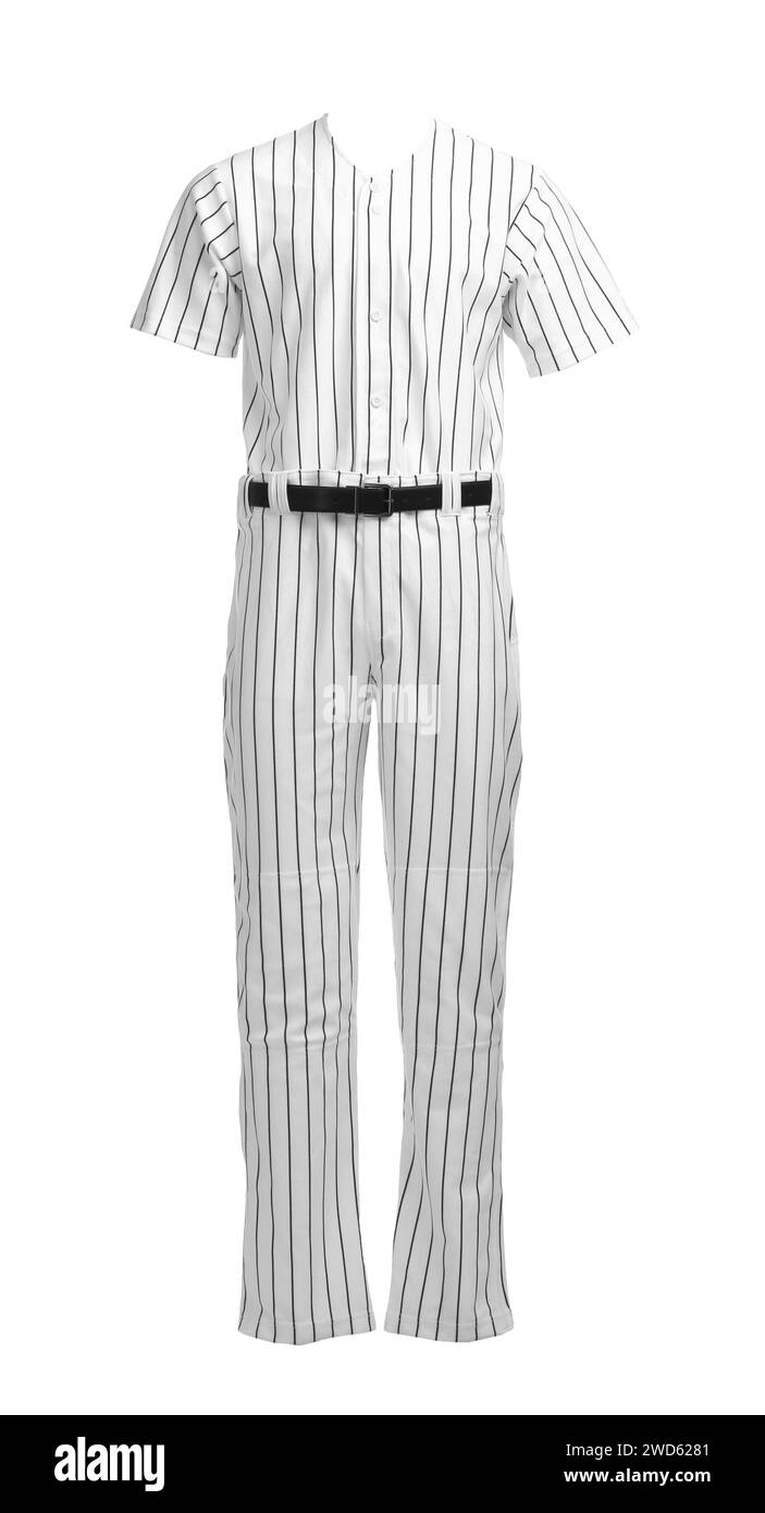 Gestreifte Baseball-Uniform isoliert auf weiß, Vorderansicht Stockfoto