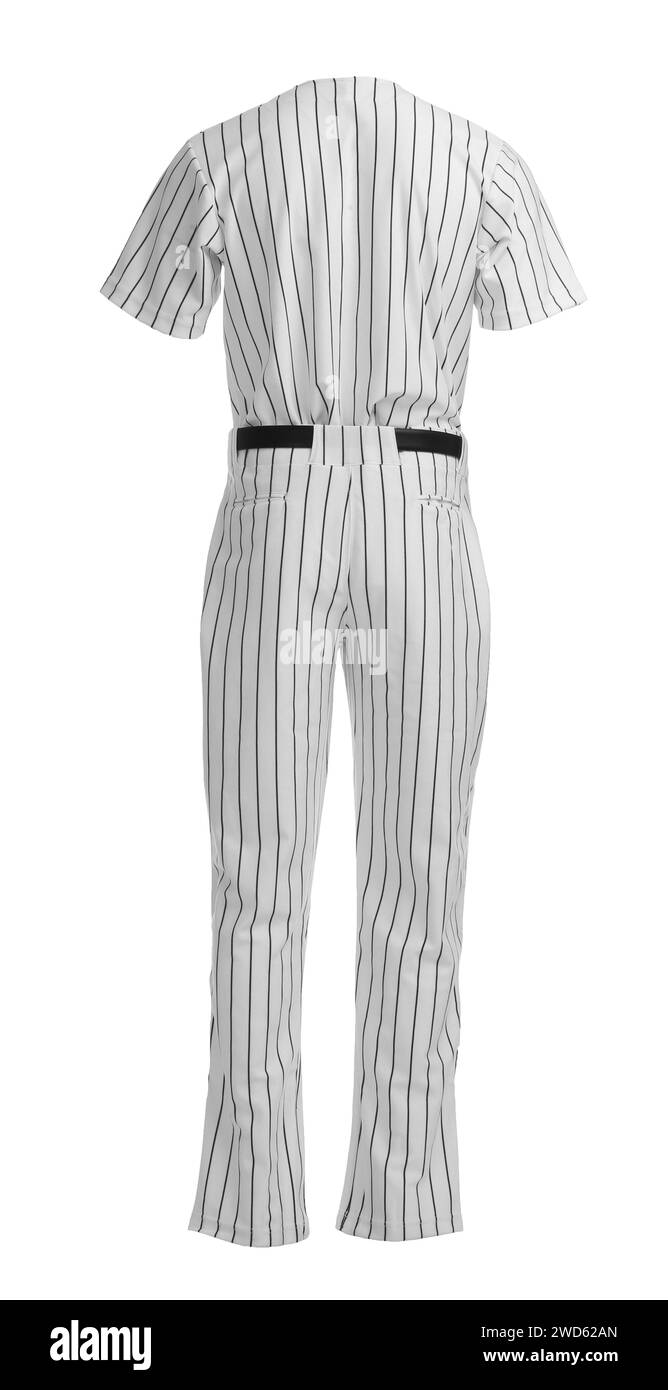 Gestreifte Baseballuniform isoliert auf weiß, Rückansicht Stockfoto