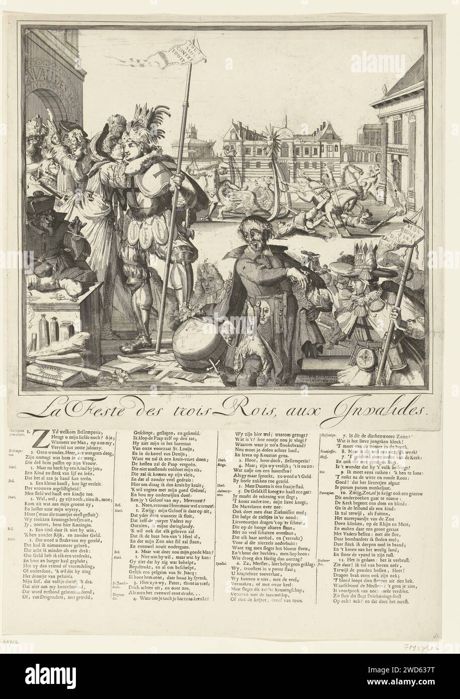 Cartoon auf dem Flug von Jacobus II nach Franrkijk, 1689, Anonymous, nach Romeyn de Hooghe, 1689 Print Cartoon auf dem Flug von Jacobus II nach Frankreich und seine Ankunft dort am Epiphany (6. Januar) 1689. König Ludwig XIV. Umarmt Maria van Modena, die mit dem armen Kind angekommen ist. Vor rechts König Jakobus II. In Kleidung mit Jacobsschelpen verziert. In der Mitte der Jesuitenvater Peters (Edward Petre) mit einer päpstlichen Krone unter seinem Mantel. Im Hintergrund fällt der Dauphin von einem von Pferden gezogenen Schlitten. Unter der Abbildung ist ein Vers in 4 Spalten mit einer Aussage der Zahlen 1-11 in Niederländisch gezeigt. Nethe Stockfoto