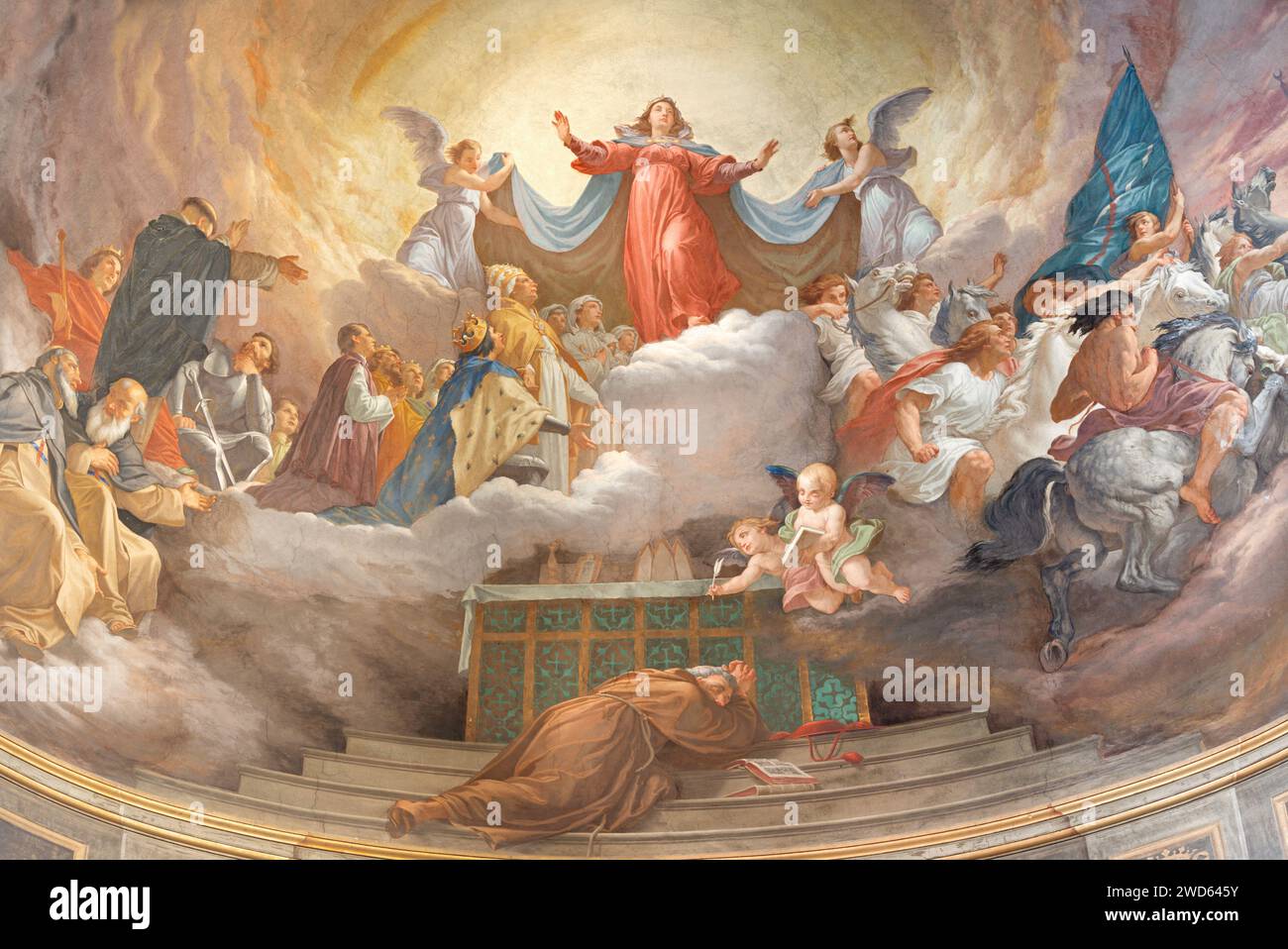 ROM, ITALIEN - 27. AUGUST 2021: Fresko der Himmelfahrt der Muttergottes in der Vision des hl. Bonaventura in der Kirche Chiesa di Santa Lucia del Gonfalone Stockfoto