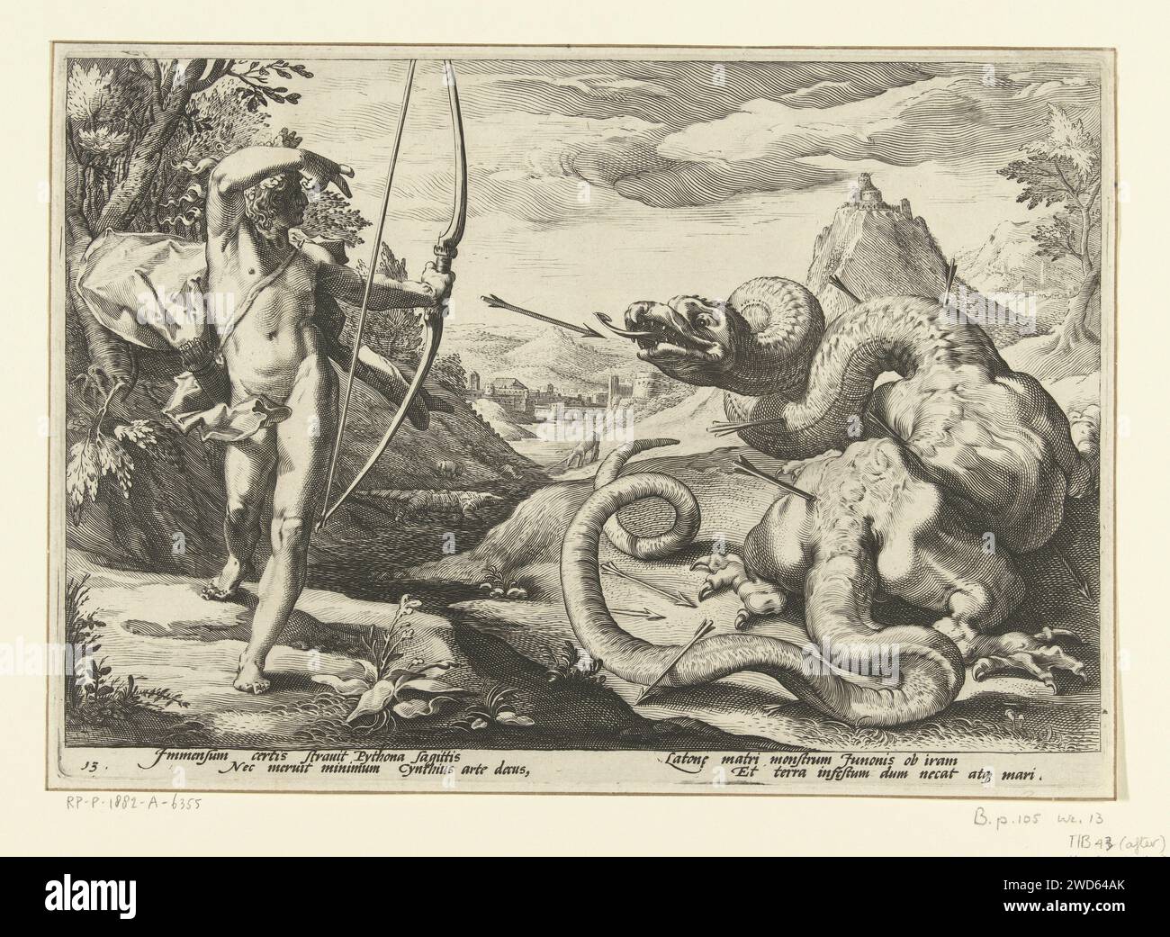 Apollo tötet die Riesenschlange Python, Hendrick Goltzius (Werkstatt), nach Hendrick Goltzius, 1589 Druck Apollo tötet die Riesenschlange Python mit vielen Pfeilen (hier eher wie ein Drache, mit Beinen). Zwei Zeilen lateinischer Text unter der Aufführung. Dieser Druck ist Teil einer Serie von 52 Drucken, die Geschichten aus Ovids Metamorphosen darstellen. Diese Serie ist in drei nummerierte Serien unterteilt: Zwei von 20 Ausdrucken und einer von 12 Ausdrucken. Dieser Ausdruck gehört zur ersten Serie. Haarlem-Papiergravur Apollo erschießt Python, den Drachen Stockfoto