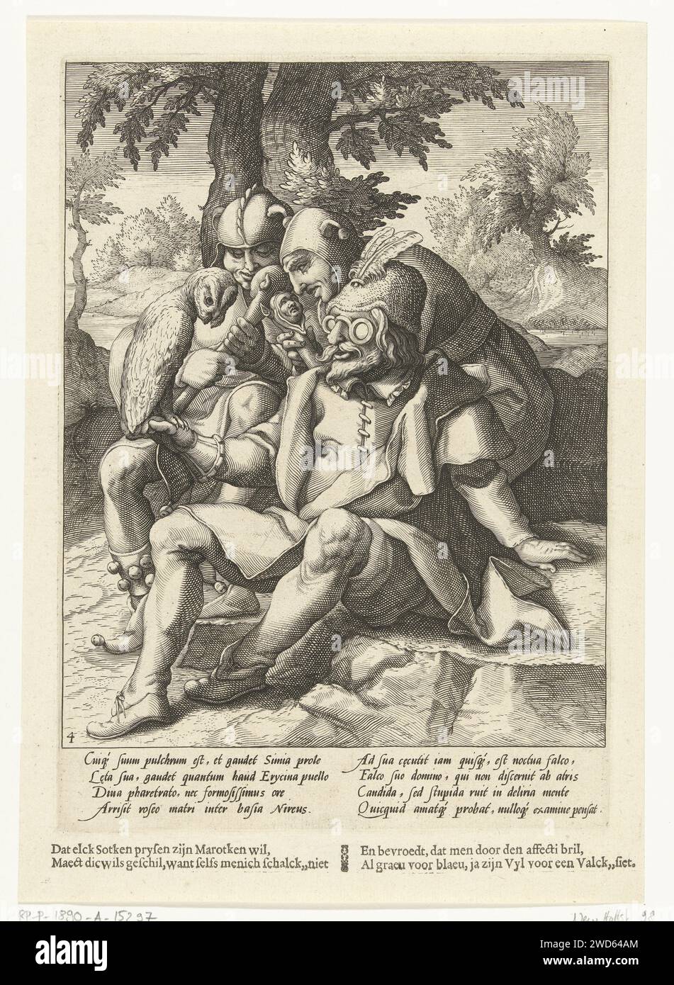 Jeder glaubt, seine Eule sei ein Falke, Hendrick Goltzius (zugeschrieben der Werkstatt oder), nach Karel van Mander (I), 1590–1594 Druck sitzt Ein Mann auf dem Boden und schaut durch seine Brille auf die Eule an seiner Hand (und denkt, ein Falke sieht). Hinter ihm zwei Narren, jeder mit einem marot (schmal) in der Hand. Das Sprichwort stellt die Idee vor, dass jeder denkt, dass er der Beste ist oder sein könnte. Unter der Ausstellung eine erläuternde lateinische Strophe von Franco Estius und ein niederländischer Text im Buchdruck. Haarlem Papier Gravur Sprüche, Sprüche usw. Eulen. Brillen, Brillen. Narr, Einfachheit, Taubkopf Stockfoto
