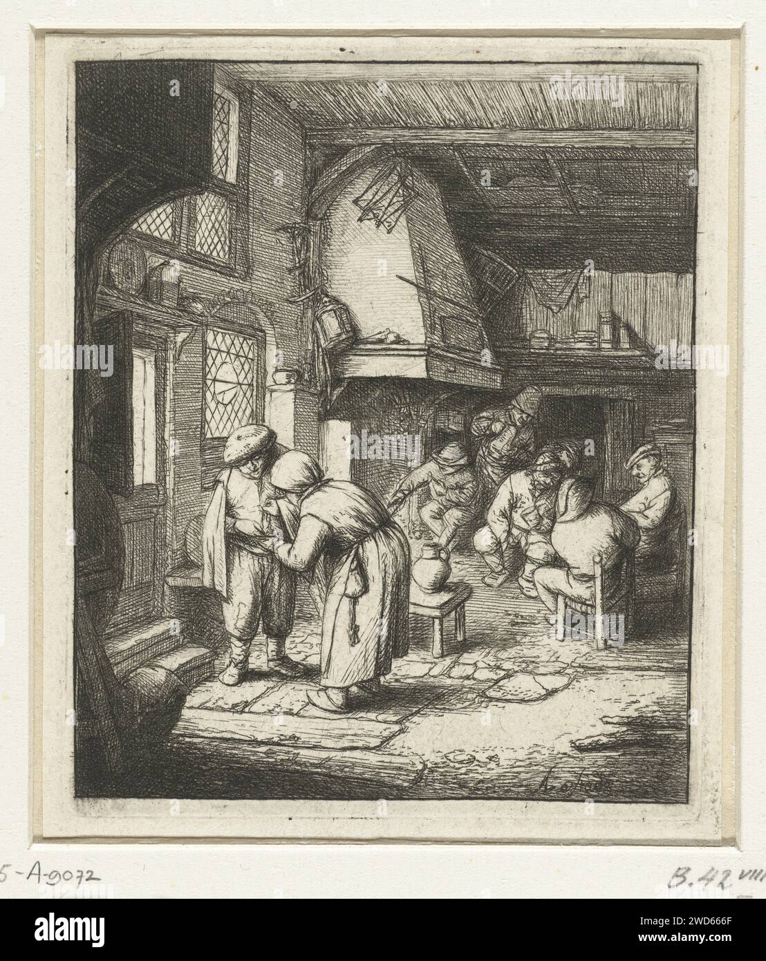 Mann zahlt seine Kosten an Ehefrau in einem gasthaus, Adriaen van Ostade, 1648 - 1653 Drucken Inneres eines gasthauses mit einem Bauern, der mit einer Frau angefallen ist. Durch die Fenster und eine halb geöffnete Tür fällt auch Licht auf eine Gruppe von Männern am Kamin hinter der Abfahrt. Haarlem Papier ätzende inn, Coffee House, Public House, etc. Freizeitangebote im Innenbereich (+ bezahlen, Rechnung bezahlen ~ Freizeitangebote im Innenbereich) Stockfoto