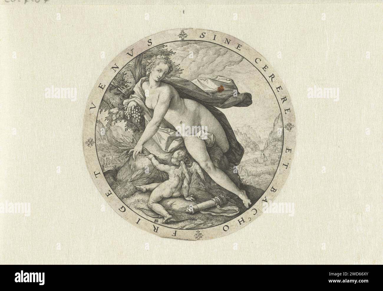 Venus in Cupid, Hendrick Goltzius, nach Agostino Carracci, 1588–1592 Print Runde Show von Venus und Cupido an einem Baum. Venus hat einen Haufen Trauben in der Hand, Cupido gibt ihr ein Bündel Getreide. Im Hintergrund Ceres inmitten von Getreideerntern und Bacchus inmitten von Traubenerntern. Um die herum wird ein leerer Rand angezeigt, der für ein Edge-Skript vorgesehen ist. Haarlem Papiergravur Venus und Cupid (Cupid ist nicht nur Attribut) Stockfoto