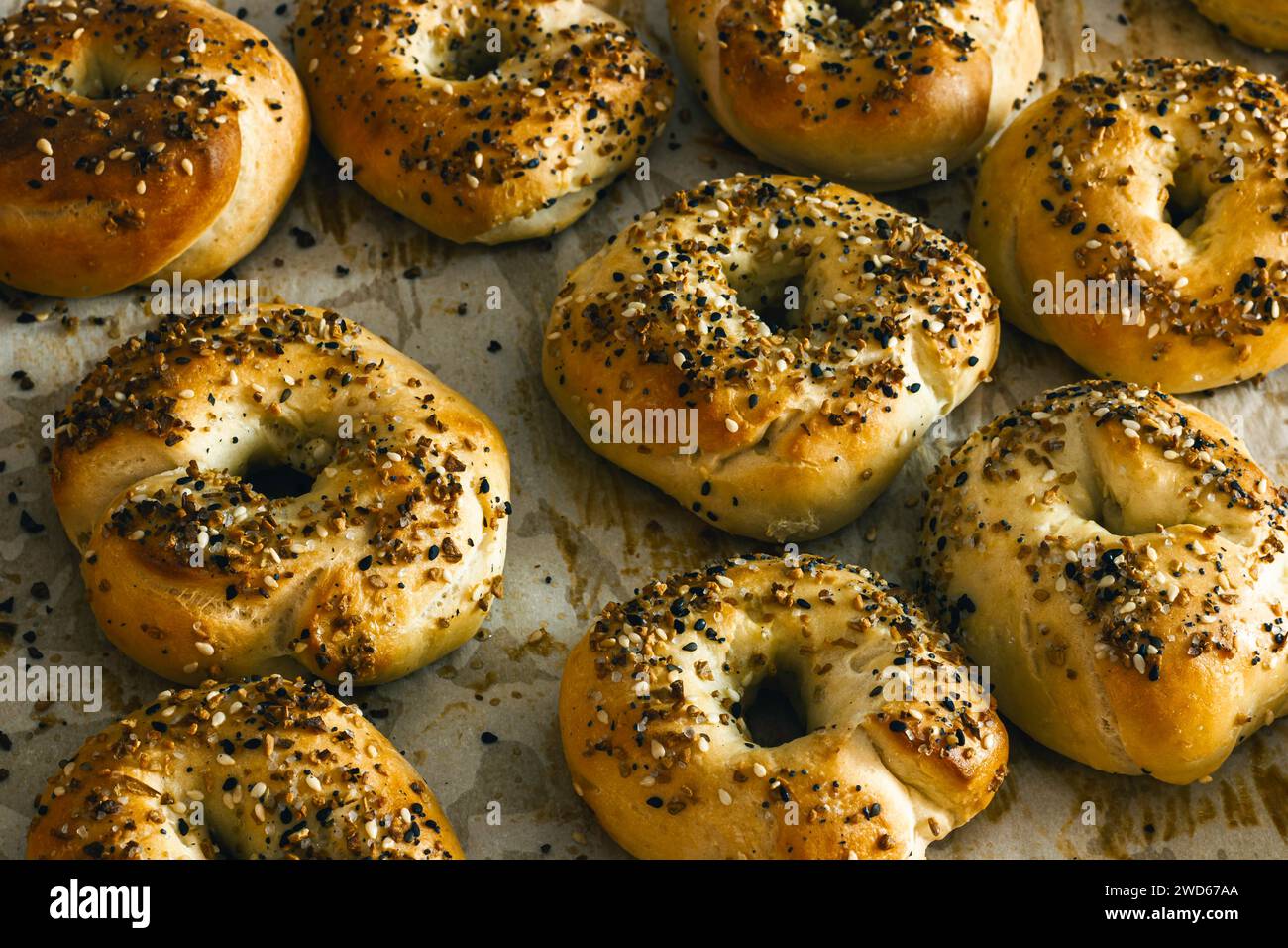 Hausgemachte, frisch gebackene Bagels zum Essen Stockfoto