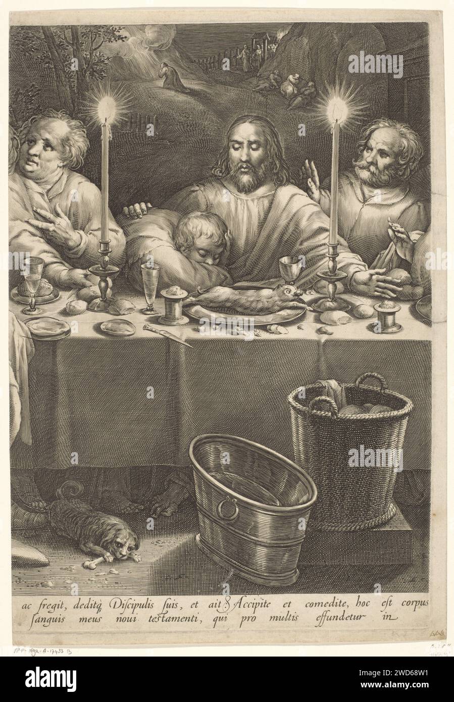 Letztes Abendmahl (Midden Blad), Jan Harmensz. Muller, nach Gillis Coignet (I), 1630–1656 Druck Christus ist während des Letzten Abendmahls in der Mitte seiner Jünger. John liegt an seiner Brust. Die Jünger neben ihm reagieren überrascht auf seine Aussage, dass einer von ihnen ihn verraten wird. Kerzen und Essen auf dem Tisch. Unter dem Tisch ein Hund mit Knochen. Im Hintergrund die Darstellung Christi im Hof von Getsemane. Amsterdamer Papierstich Ankündigung des Verrats Christi und der Reaktion der Apostel. Das Gebet Christi im Garten Gethsemane während der Nacht Stockfoto Letztes Abendmahl (Midden Blad), Jan Harmensz. Muller, nach Gillis Coignet (I), 1630–1656 Druck Christus ist während des Letzten Abendmahls in der Mitte seiner Jünger. John liegt an seiner Brust. Die Jünger neben ihm reagieren überrascht auf seine Aussage, dass einer von ihnen ihn verraten wird. Kerzen und Essen auf dem Tisch. Unter dem Tisch ein Hund mit Knochen. Im Hintergrund die Darstellung Christi im Hof von Getsemane. Amsterdamer Papierstich Ankündigung des Verrats Christi und der Reaktion der Apostel. Das Gebet Christi im Garten Gethsemane während der Nacht Stockfoto