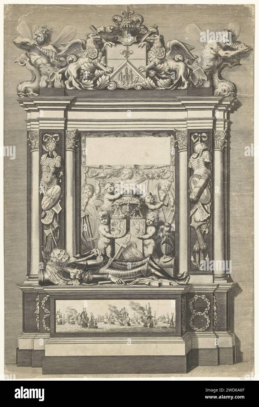 Graftombe von Admiraal Maarten Harpertsz. Tromp in Oude Kerk in Delft, Cornelis van Dalen (II), nach Jacob van Campen, nach Rombout Verhulst, 1656–1664 Druck Graftombe aus Admiraal Maarten Harpertsz. Tromp in Oude Kerk in Delft. Bild des gefallenen Admirals in Hartzeug, der auf dem Grab liegt, mit Seeschlacht bei Terheide auf Friesisch. Vor der Wand Marmorrelief mit Putten mit Wappen und Rüstung flankiert von Säulen und Militaria. Oben auf dem Rahmen, gekrönt mit Waffenschild, gehalten von Greifen und flankiert von Tritonen oder Meermannen. Amsterdam Papier. Kreide. Tintengravur / Stiftgrabbau, Denkmal Stockfoto