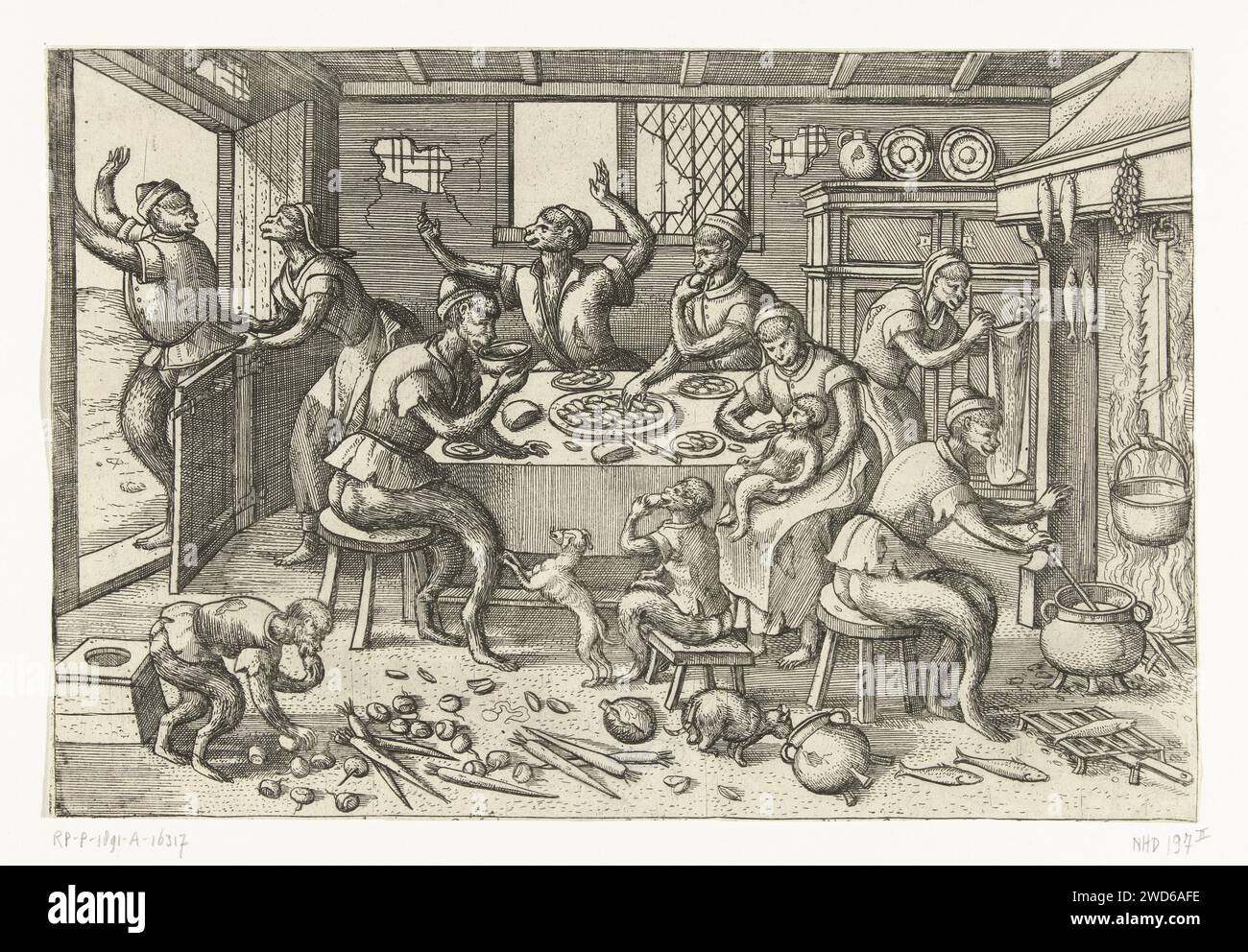Lean Cuisine, Pieter van der Borcht (I), nach Pieter Bruegel (I), nach Pieter van der Heyden, 1563 - 1608 drucken Eine Küchenszene aus dem 16. Jahrhundert. Es gibt ein paar magere Affen um einen Tisch in einem baufälligen Haus. Sie greifen aus einer Schüssel Muscheln. Man trinkt eine Schüssel mit Suppe. Auf dem Boden verteilt sind Karotten, Rüben und Kohl, Gemüse für die Arme. Fisch wird über dem Kamin geraucht, auch schlechtes Essen. Ein großer Affe hat ihn besucht, versucht aber jetzt wieder davon zu kommen. Die armen Affen wollen ihn aufhalten. Antwerpen (möglicherweise) Papierätzung Küche-Innenraum. "mundus inversus", die umgekehrte Welt Stockfoto