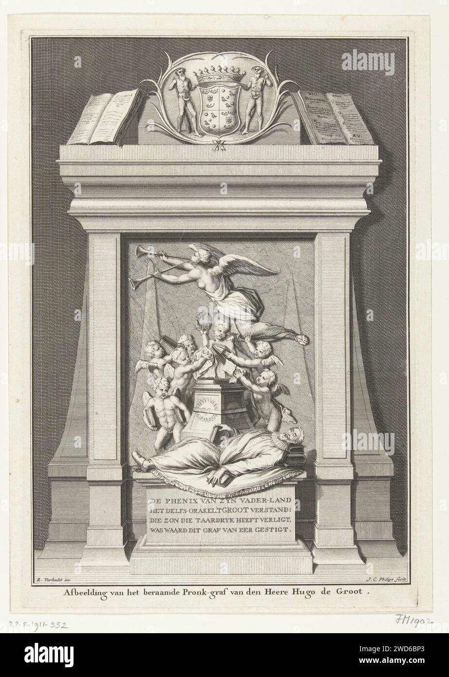 Entwurf für das Grab von Hugo de Groot, gestorben 1645, Jan Caspar Philips, nach Rombout Verhulst, 1711–1713 Druck Design von 1663 für das Grab von Hugo de Groot, gestorben 28. August 1645, für die Nieuwe Kerk in Delft. Der Auftrag für den Entwurf wurde Rombout Verhulst 1663 erteilt; der Entwurf wurde letztlich nicht ausgeführt. Niederlande Papier graviert Grabbau, monumentales Grab neue Kirche Stockfoto