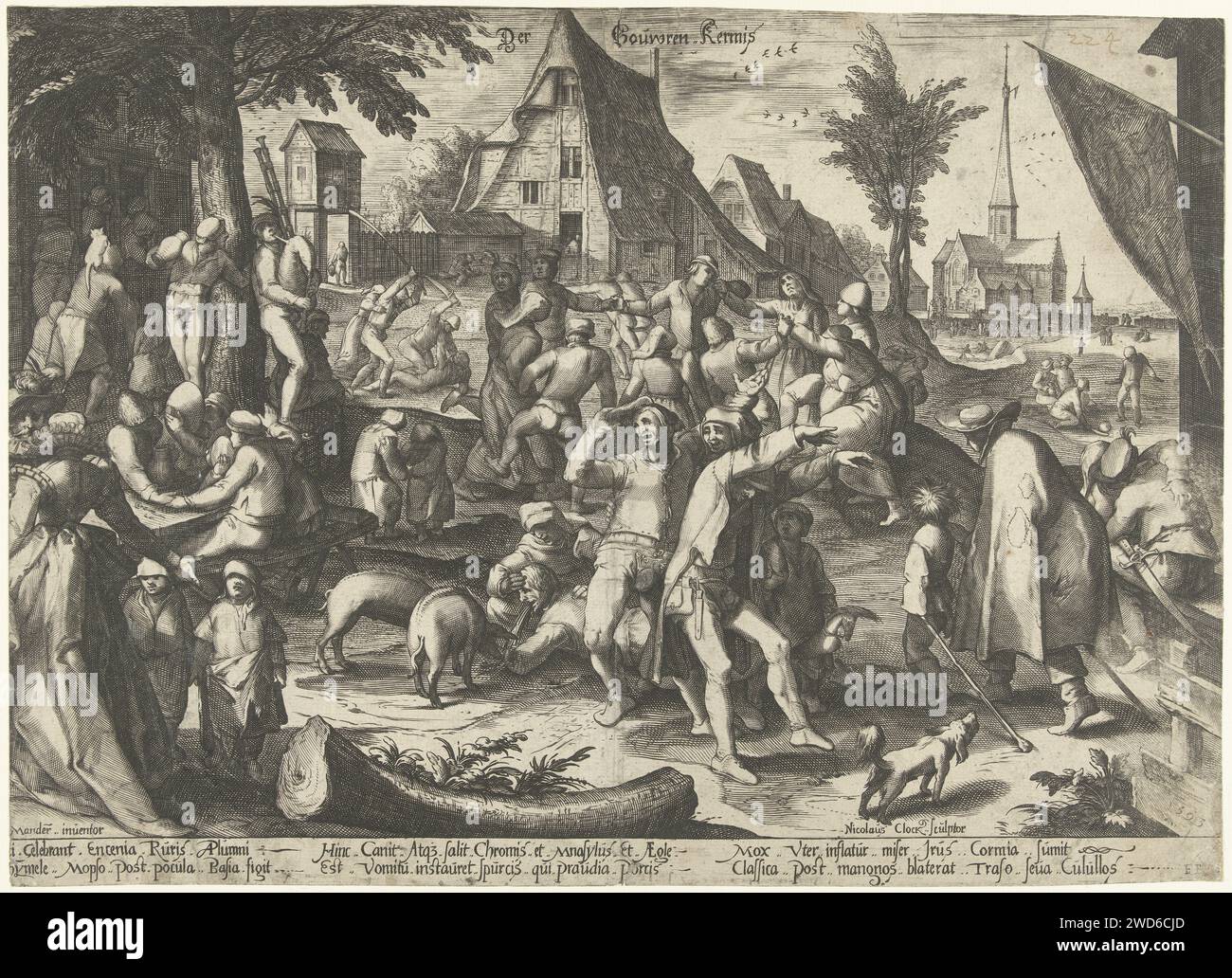 Boeren fair, Nicolaes Jansz. Uhr, nach Karel van Mander drucken 1593 drei betrunkene, tanzende Bauern in den Vordergrund. Links an einem Tisch essen und trinken Leute zusammen mit einem Dudelsackspieler. In der Mitte des Hintergrunds findet ein Rundtanz von Bauern und Bauernfrauen statt. Im Hintergrund kämpfen einige Landwirte gegeneinander. Links im Vordergrund ein edles gekleidetes Paar, das die Party beobachtet. Auf der rechten Seite das Banner mit der Sint-Sebastian Gilde, einer der berühmten Bogenschützen-Gilden in den Niederlanden. Eine Kirche im Hintergrund. Haarlem Papierstich Vergnügen Messe und Zirkus. Stockfoto