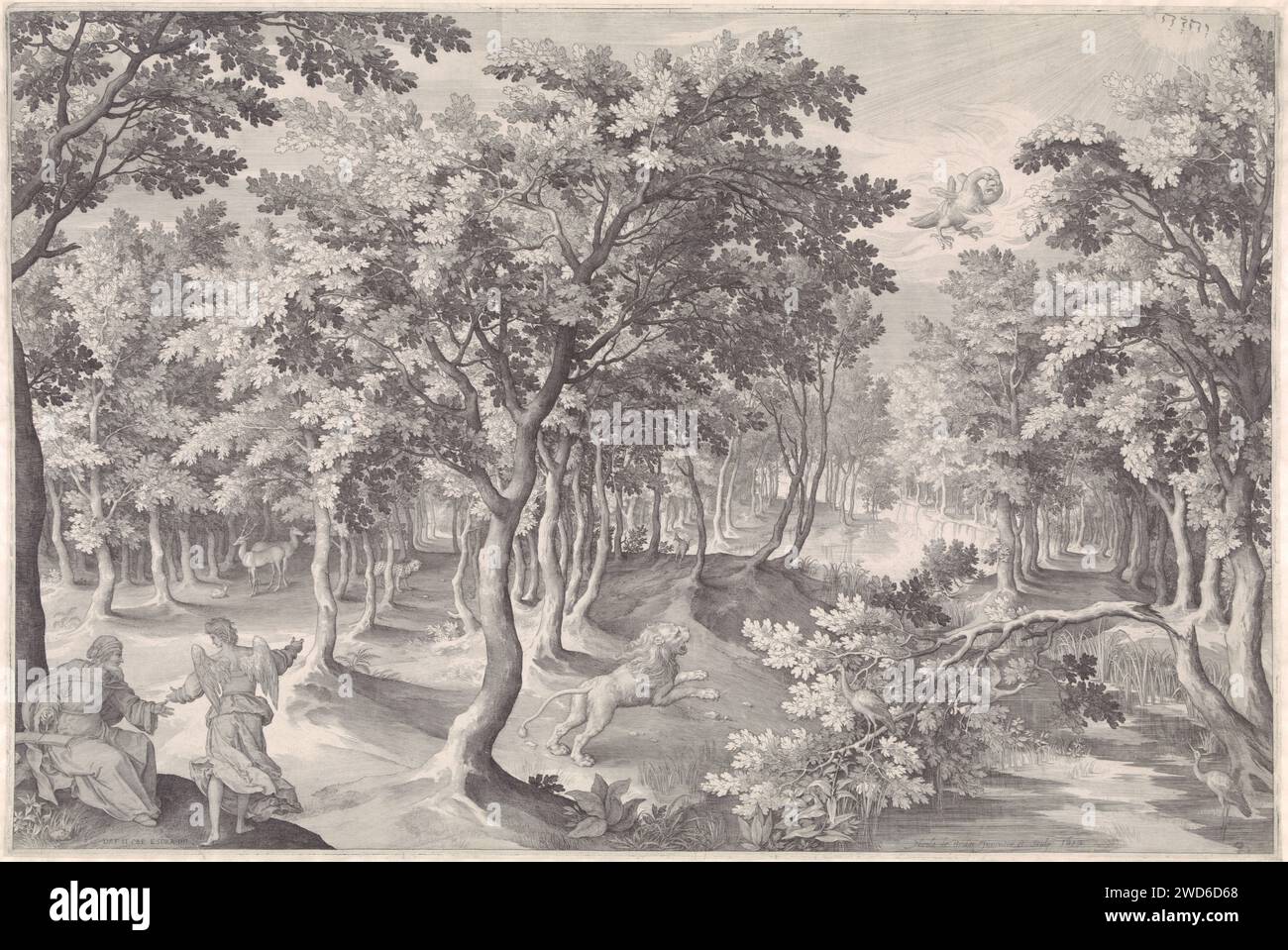 Die fünfte Vision von Esra, Nicolaes de Bruyn, 1613 drucken die fünfte Vision von Esra. In einem Haufen brüllt ein Löwe in den Himmel, wo sich ein brennender Adler mit drei Köpfen verschlingt. Links im Vordergrund erklärt ein Engel dem Propheten Esra (2 Esra) die Vision. In der oberen rechten Ecke das Tetragramm als Symbol für Gott den Vater. Antwerpener Papiergravur Ezras Vision vom Adler und Löwen (2 Esdras 11-12) (+ Engel). Esras Vision des Adlers und des Löwen (2 Esdras 11-12) (+ Gott der Vater in Form des Lichts). Tetragramm (in römischer oder hebräischer Schrift)  Symbol Gottes Vater Stockfoto