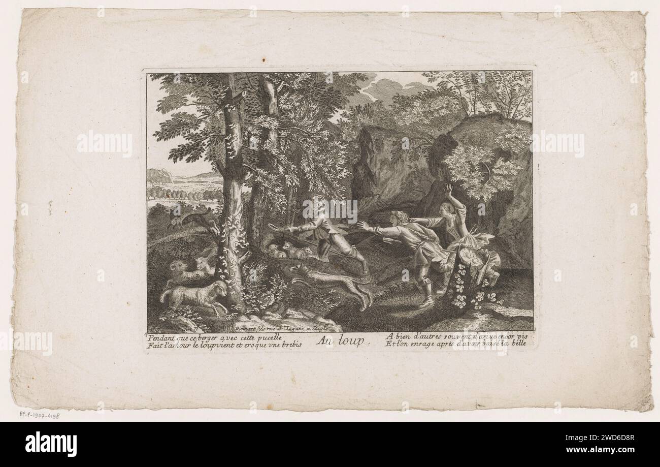 Hirten jagen einen Wolf mit einem Lamm im Mund, Anonym, Nicolas Bonnart (Fils), 1698–1762 Druck unten links: 4. Druckerei: Franzepublisher: Paris Papierätzung / Gravur Herde, Flock. Hirten, Hirten, Hirten, Hirten, Hirten, Hirten, Hirten, Kuhhirte usw. Raubtiere, Raubtiere: wolf. Lamm Stockfoto