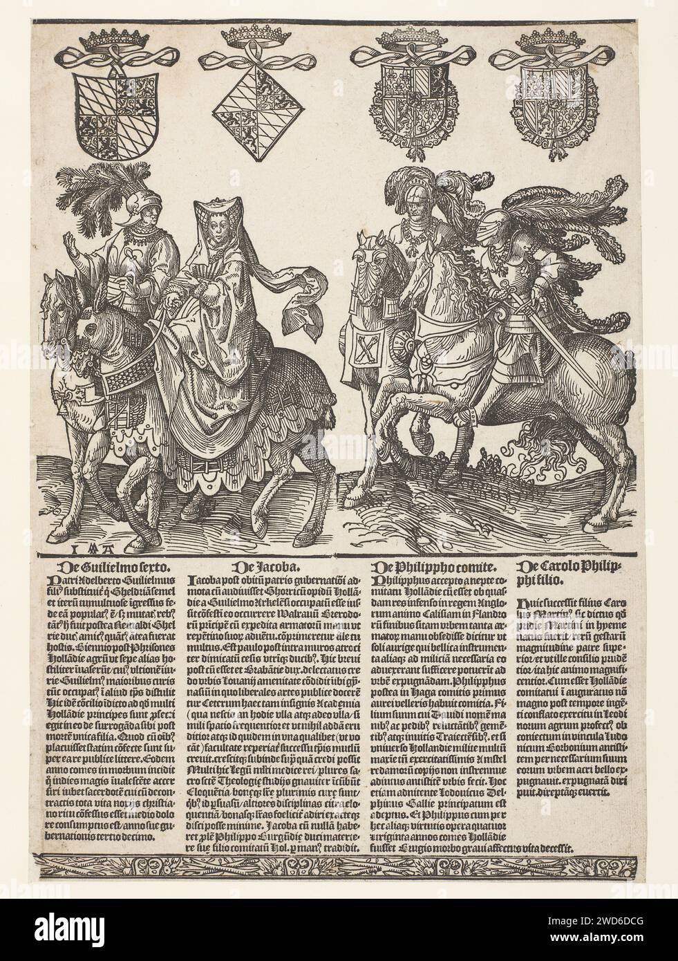 Willem VI, Jacoba van Bavaria, Philip de Goede und Karel de Stoute, Jacob Cornelisz van Oostsanen, 1518 Blatt aus Serie von neun Blättern, gedruckt von zwei Blöcken. Willem de VI, Philips de Goede, Karel de Stoute, Graven van Holland and Zeeland und Jacoba van Beyeren, Gräfin von Holland und Zeeland, saßen zu Pferd. Über den Bildern der Menschen sind ihre Wappen mit Kronen bedeckt. Unter dem Druck im Buchdruck in vier Spalten ein Kurzlebensbericht im Lateinischen der genannten Prinzen und des Prinzen Niederländer Papier Stockfoto