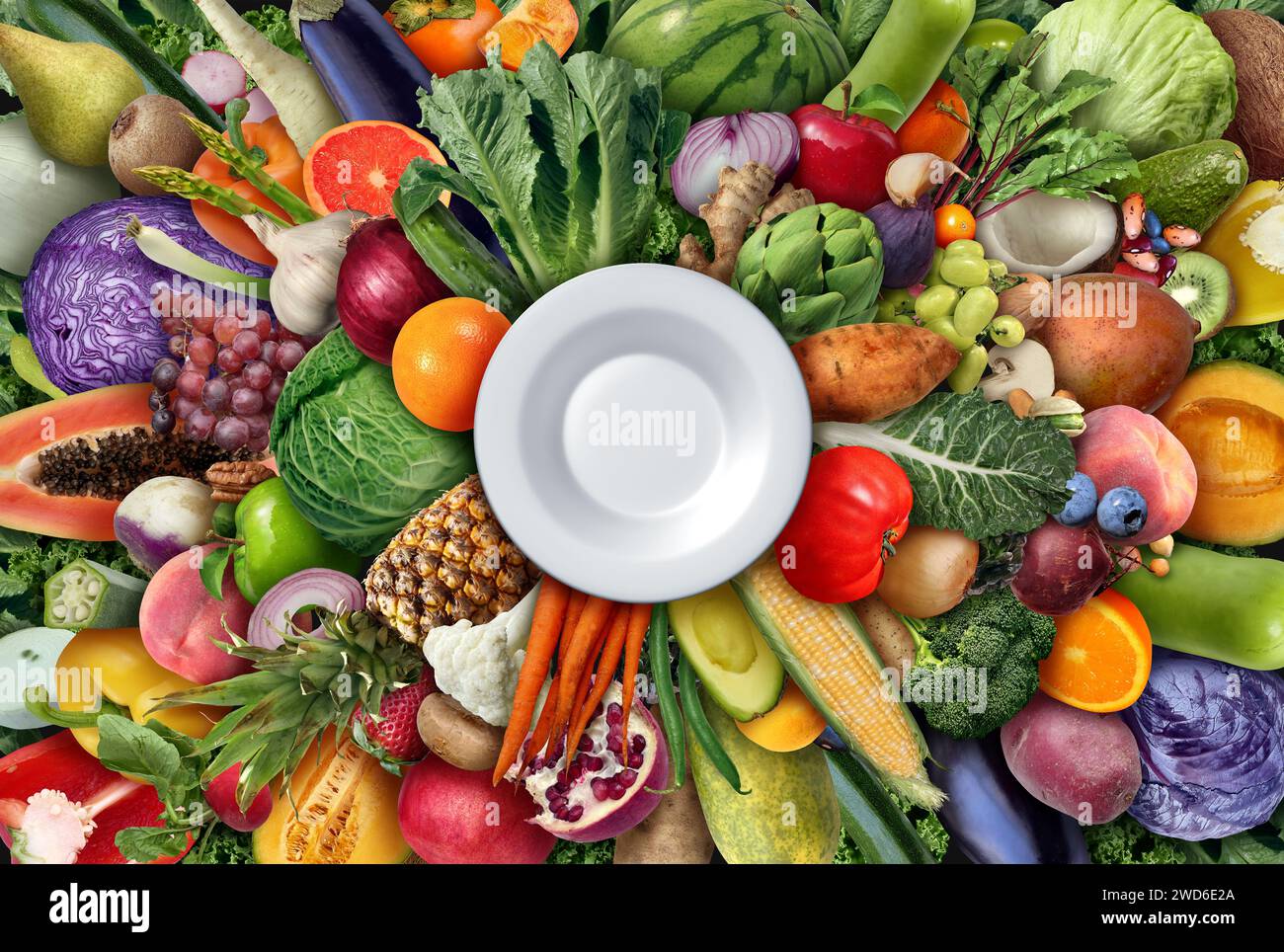 Eine gesunde Ernährung als Nährwertsymbol einer pflanzlichen Ernährungswahl mit leerem Teller, um nährstoffreiche Lebensmittel wie Gemüse Obst Leguminosen zu essen Stockfoto