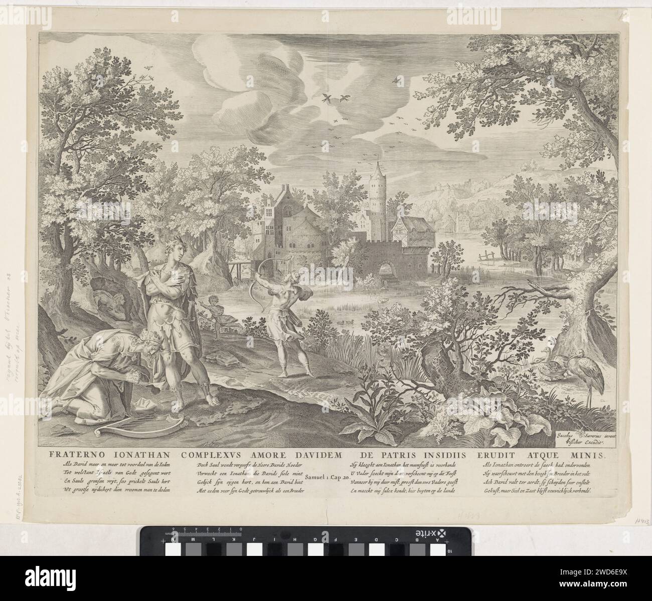 Allianz zwischen David und Jonatan, Anonym, nach Aegidius Sadeler (II), nach Maerten de Vos, nach Jacob Savery (I), 1630–1702 Druck David kniet im Vordergrund für Jonatan in einer Landschaft. Im Hintergrund erschießt Jonatan die Höhle, in der David sich versteckt. Ein junger Diener nimmt die Pfeile auf. Aufgrund dieser Aktion weiß David, dass Saul will, dass er stirbt. Unter der Ausstellung der Titel in lateinischer Sprache, vier vierzeilige Verse in niederländischer Sprache und ein Verweis auf den Bibeltext in 1 SAM. 20. Amsterdamer Papierstich David berät Jonathan (vor Ort); Jonathan verspricht seine Loyalität. Treffen von David und Jona Stockfoto