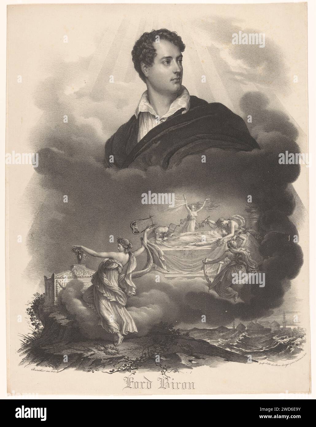 Gedenkporträt von Lord Byron, Mathieu Barathier, 1826 drucken vier Musen mit Musikinstrumenten trauern um Lord Byron auf seinem Totenbett (1824). Einer von ihnen legt einen Kranz um eine Urne auf einem Grabdenkmal. Paris Papier. Historische Personen. Trauer um die Toten Stockfoto