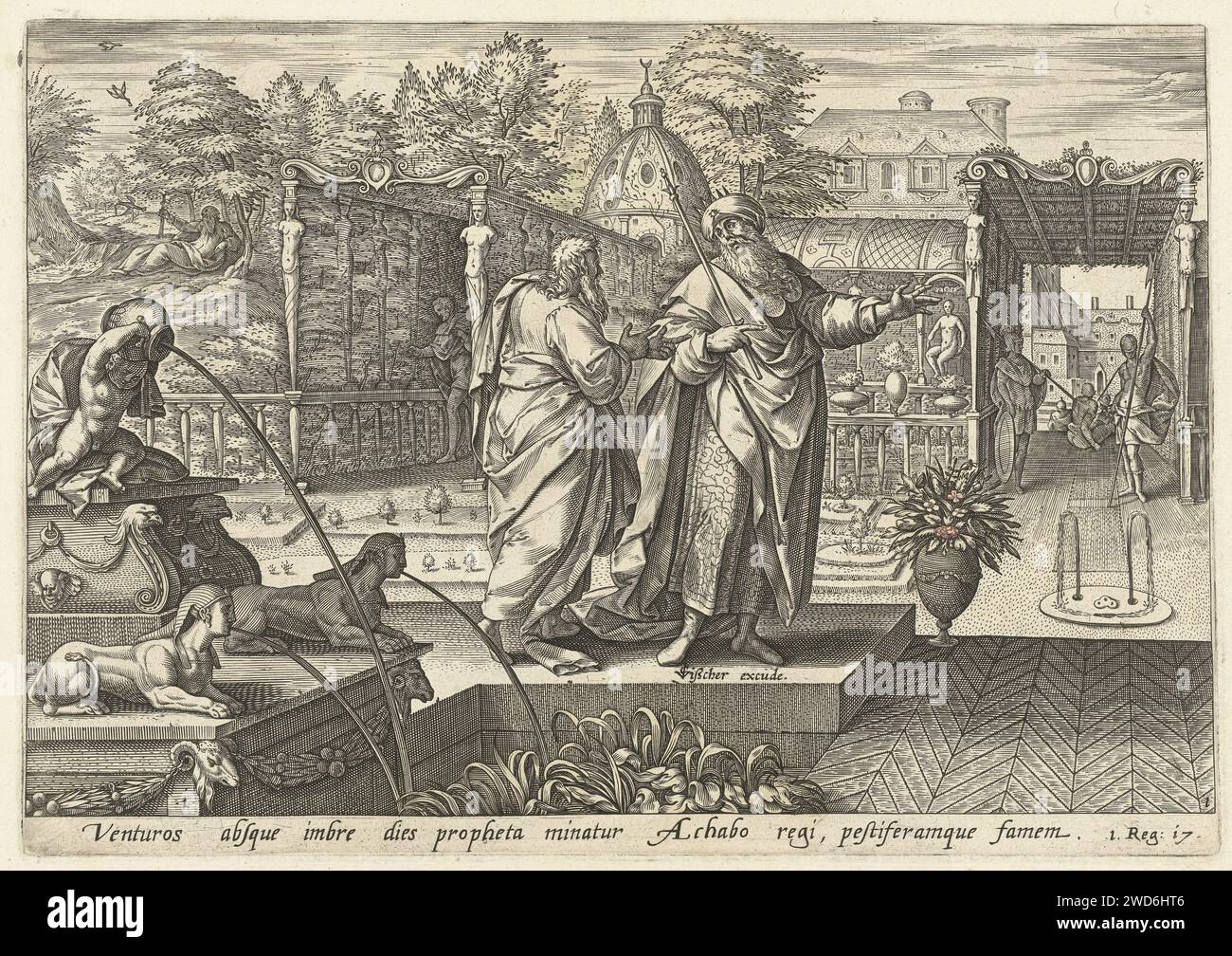 Elia sagt König Achab voraus, dass es Dürre geben wird, Hendrick Goltzius (abgelehnte Zuschreibung), nach Philips Galle, nach Jan Snellinck (I), 1643 Druck der Prophet Elia spricht mit König Ahab an einem Brunnen im Garten; er sagt ihm, dass es keinen Regen geben wird, wenn er es nicht sagt. Unter der Anzeige wird eine lateinische Textregel angezeigt. Dieser Druck ist Teil einer Serie von vier Drucken, die die Geschichte des Propheten Elia darstellen. Printmacher: Haarlemprint Maker: Antwerpen Verlag: Amsterdam Papierstich Elijah kündigt König Ahab an, dass Gott eine lange Dürre im Land bringen wird, um den Aposta zu rächen Stockfoto