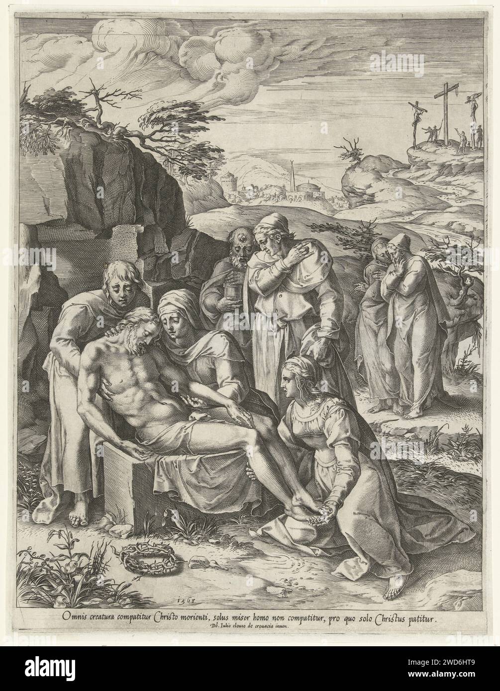 Graflegging van Christus, Cornelis Cort, nach Giulio Clovio, 1568 Druck vor der Öffnung in einem Felsen liegt der Körper Christi auf einem Stein, unterstützt von Maria und Johannes. Maria Magdalena kniet zu seinen Füßen. Joseph von Arimatea und Nikodemus sind etwas hinter ihnen. Im Hintergrund eine hügelige Landschaft mit dem Berg Golgatha auf der rechten Seite. Rom Papier mit Gravur Christi (möglicherweise von Engeln) Stockfoto