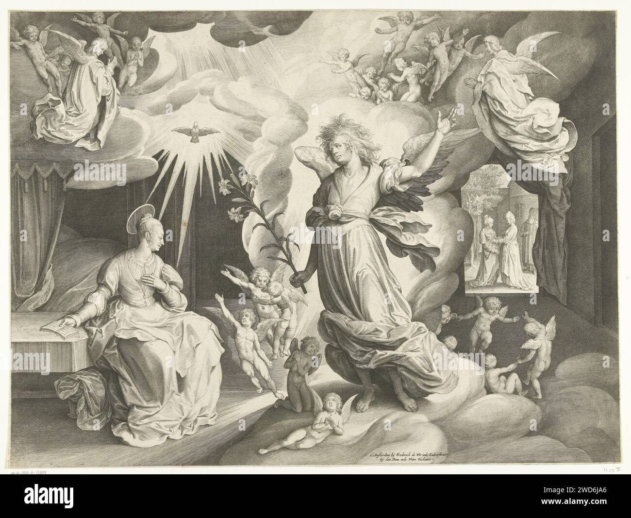 Verkündigung, Nicolaes de Bruyn, 1622 Druckgraphiker: Netherlandspublisher: Amsterdam Papier Gravur der Verkündigung: Maria, die normalerweise liest, wird vom Engel besucht (manchmal hört eine Frau das Gespräch) Stockfoto