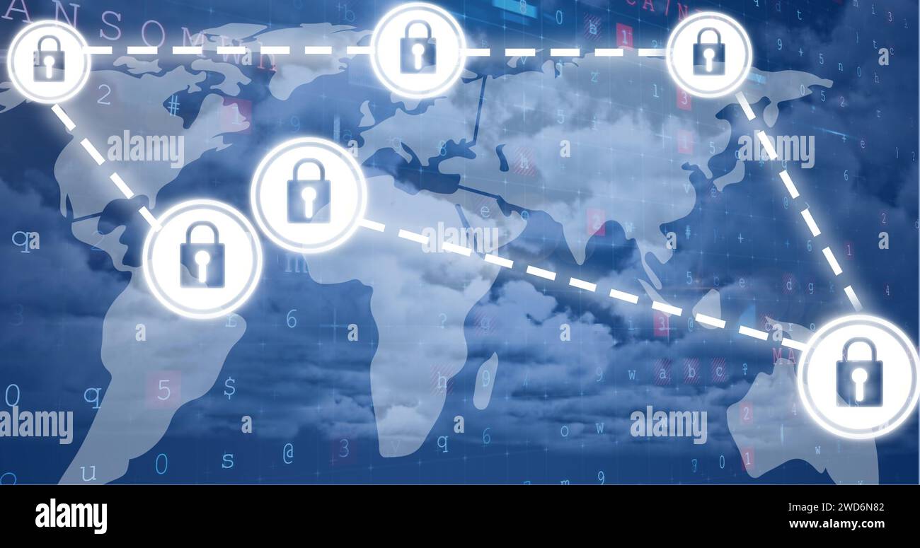Das Bild zeigt die globale Betonung auf Cybersicherheit und Datenschutz. Stockfoto