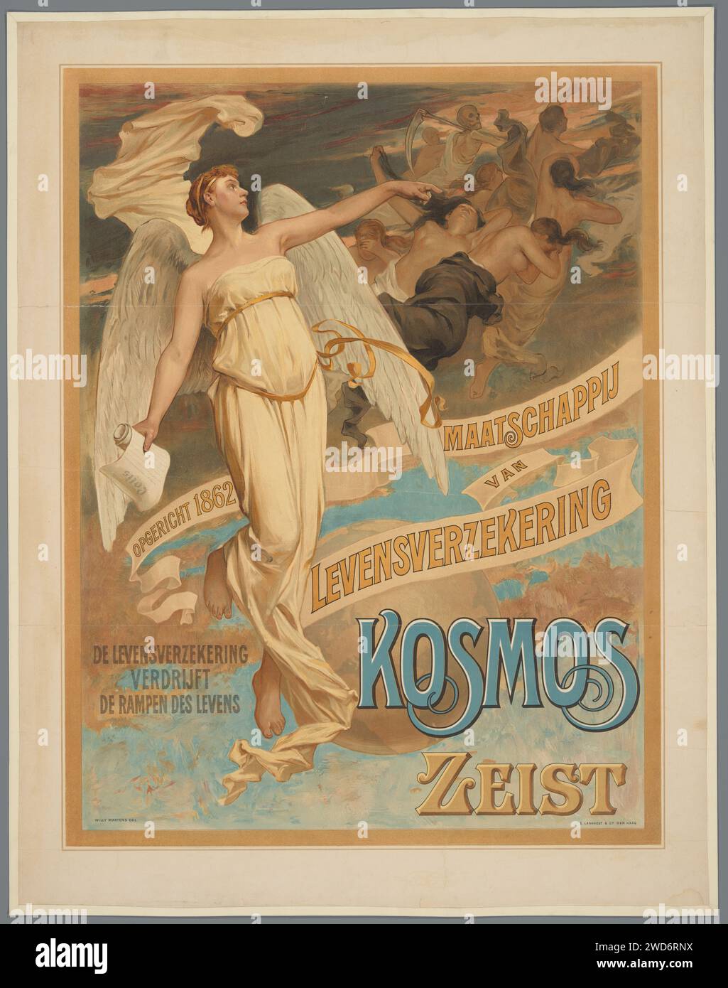 Maatschappij van Levenzekinging Kosmos Zeist gründete 1862. Die Lebensversicherung läuft die Katastrophen des Lebens ab., 1890 - 1907 Poster Bild eines Engels mit einem Papier in der Hand, auf dem steht "Police". Im Hintergrund eine Gruppe von Figuren, darunter ein schlanker Hein, der wegfliegt. Papierversicherung Stockfoto