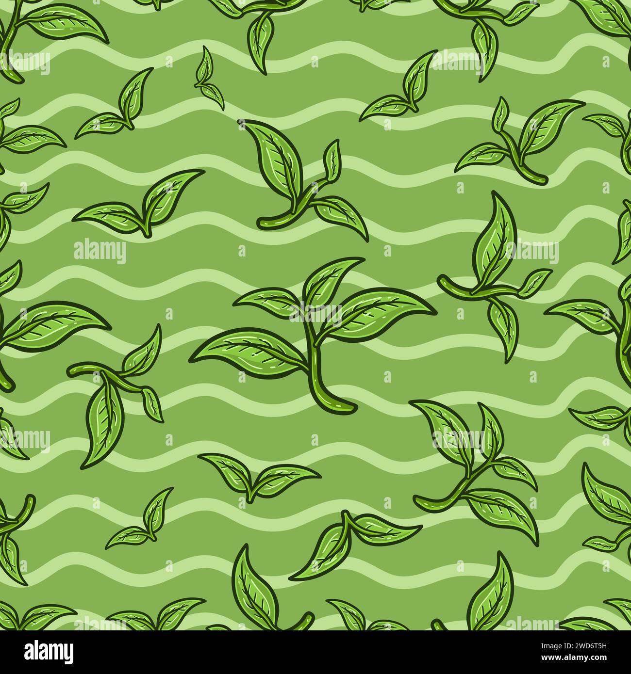 Nahtloses Teeblatt-Muster im Cartoon-Stil. Perfekt für Hintergrund-, Hintergrund-, Hintergrund- und Deckblattverpackungen. Vektorabbildung. Stock Vektor