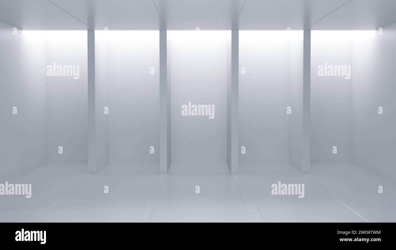 Leerer, heller, moderner Raum mit weißen Wänden und Böden, von Lampen beleuchteten Nischen, 3D-Hintergrundszene Stockfoto