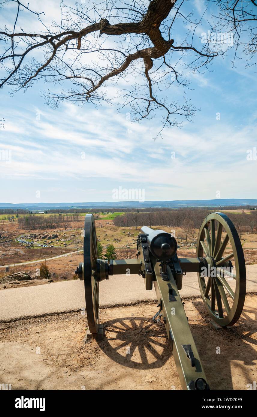 Kanone im Gettysburg National Military Park, amerikanisches Schlachtfeld des Bürgerkriegs, in Gettysburg, Pennsylvania, USA Stockfoto