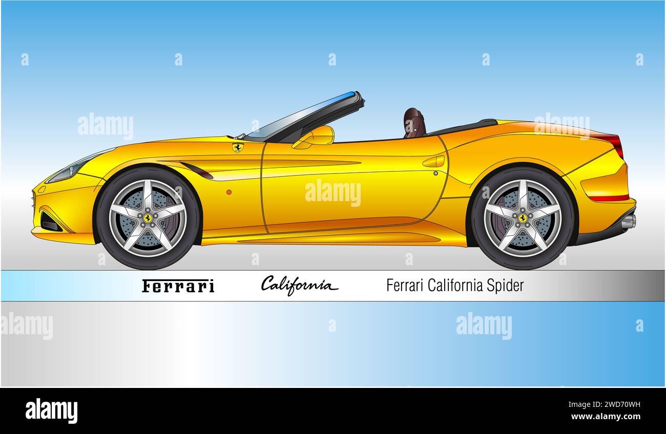 Maranello, Italien, Jahr 2008, Ferrari California Spider, klassischer Sportwagen und Oldtimer, gelbe Silhouette Stockfoto