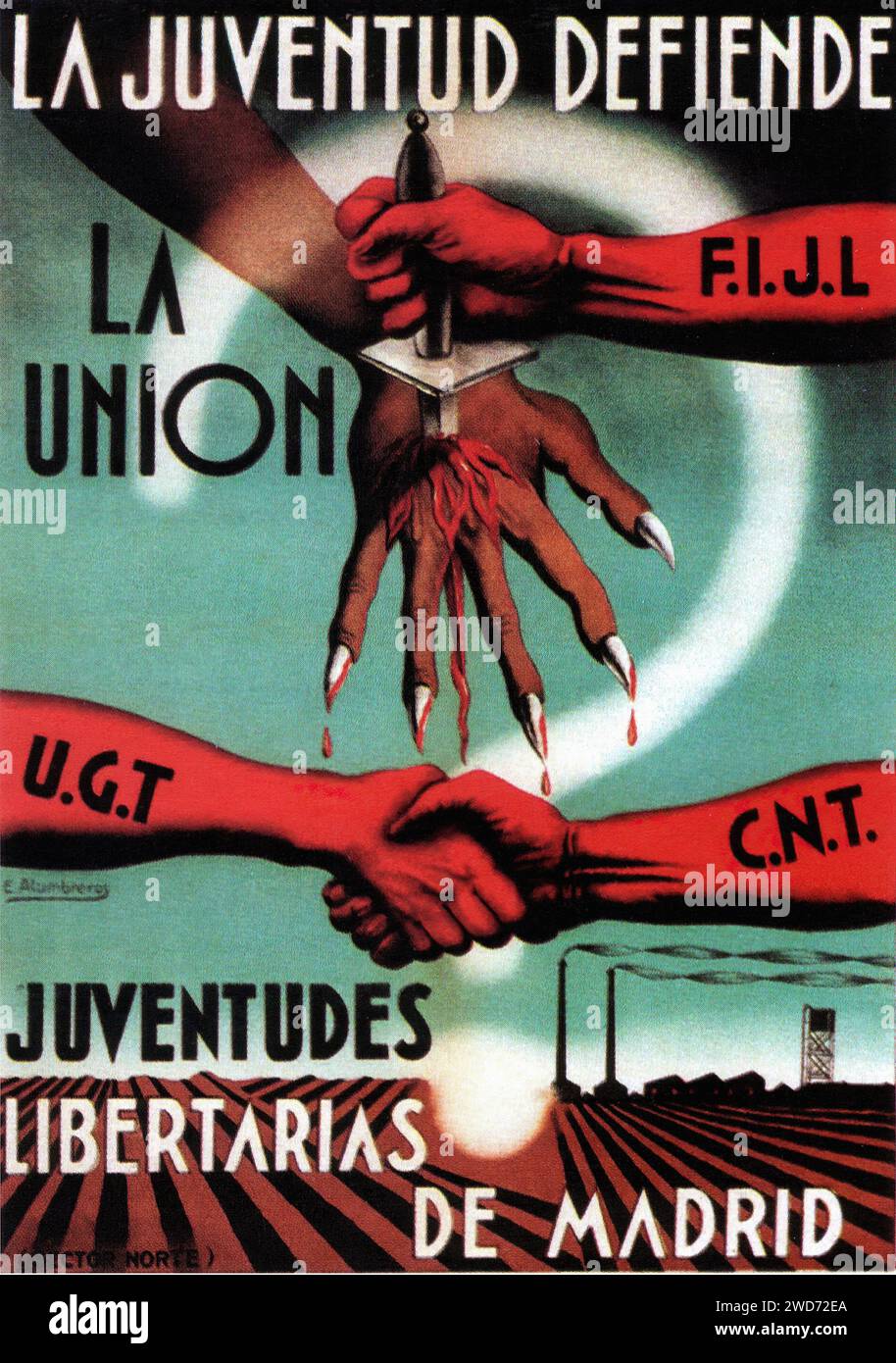 "La juventud defiende la Unión" "die Jugend verteidigt die Union" Hände sind dargestellt, die Waffen halten und in Einheit zittern, wobei tropfendes Blut Opfer symbolisiert. Der Stil ist grafisch mit symbolischen Bildern und auffälligen Botschaften. - Spanischer Bürgerkrieg (Guerra Civil Española) Propagandaplakat Stockfoto